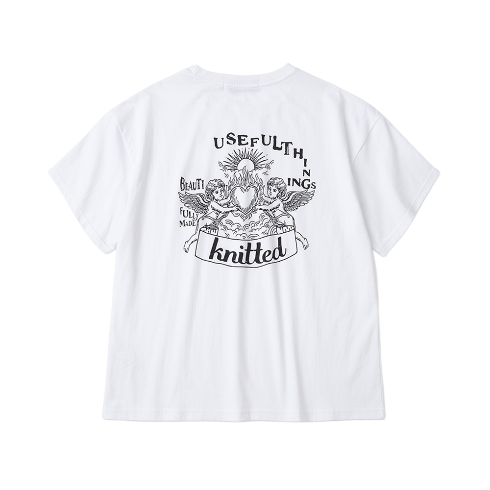 니티드 헤븐리 버닝 하트 크롭 티셔츠 화이트(Knitted Heavenly Burning Heart T-Shirts White)