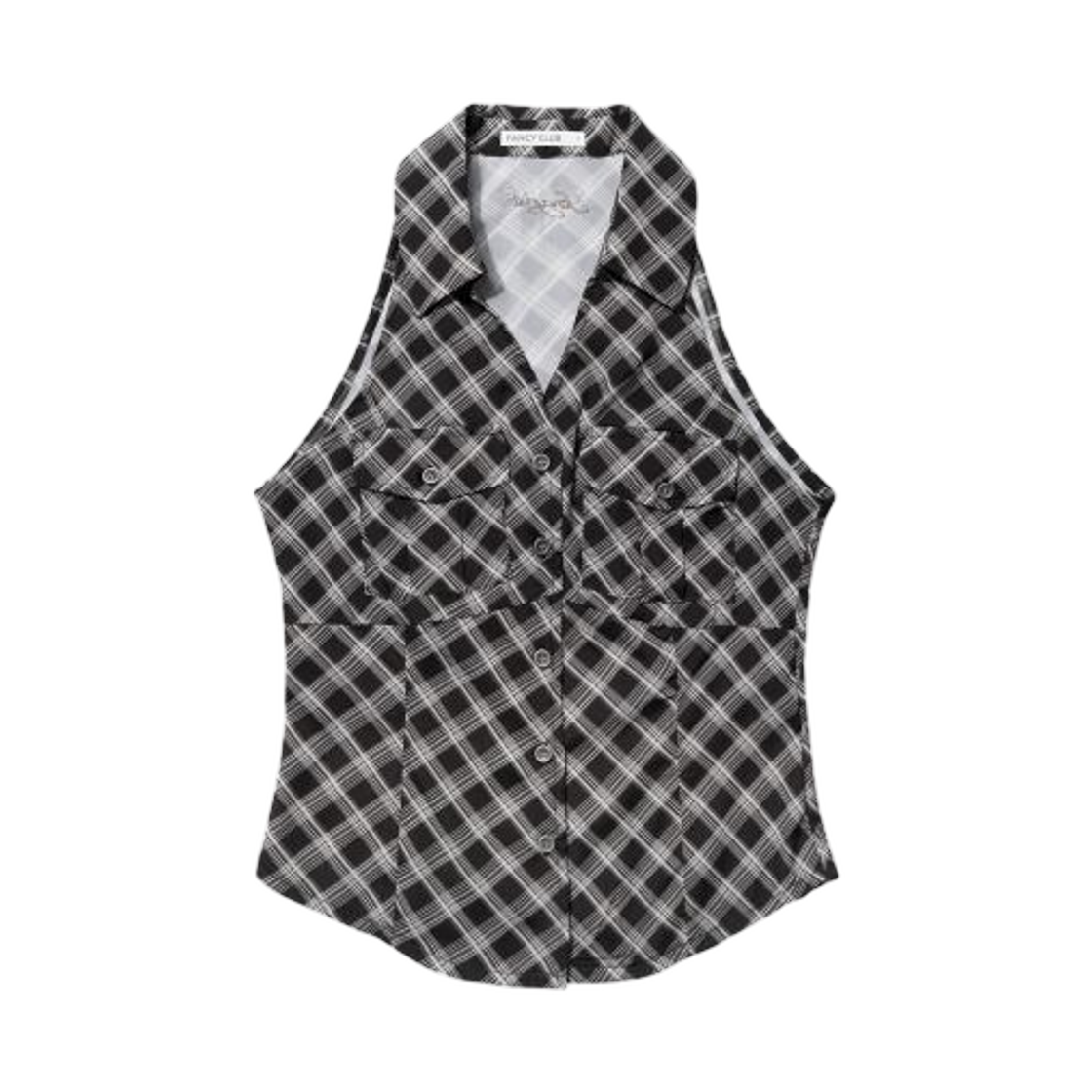 (W) 팬시 클럽 포켓 체크 홀터넥 탑 블랙((W) Fancy Club Pocket Check Halterneck Top Black) - 1