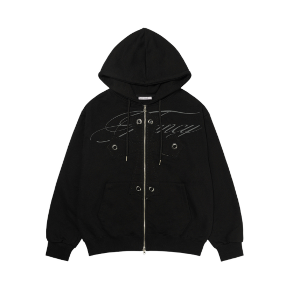 (W) 팬시 클럽 빅 크로스 아일렛 후드 집업 블랙((W) Fancy Club Big Cross Eyelet Hooded Zip Up Black)