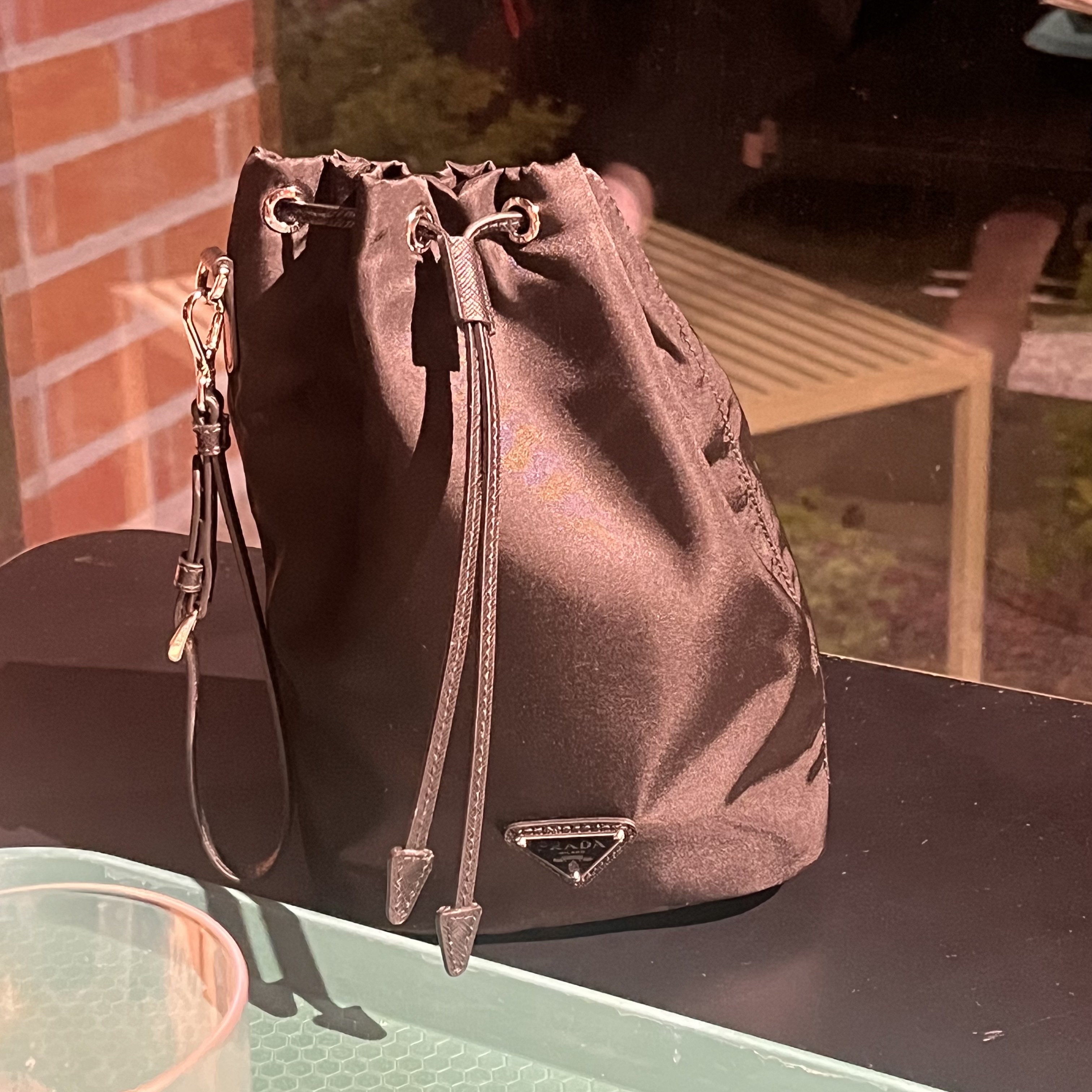 Prada Re-Nylon Drawstring Pouch Black 착용 스타일