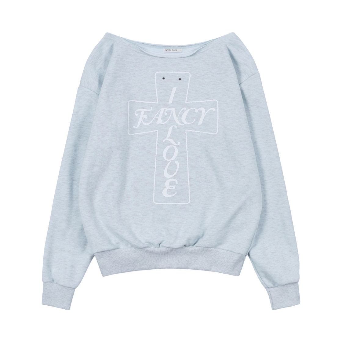 (W) 팬시 클럽 프로스 오프숄더 스웨트셔츠 블루 멜란지((W) Fancy Club Pros Off Shoulder Sweatshirt Blue Melange)