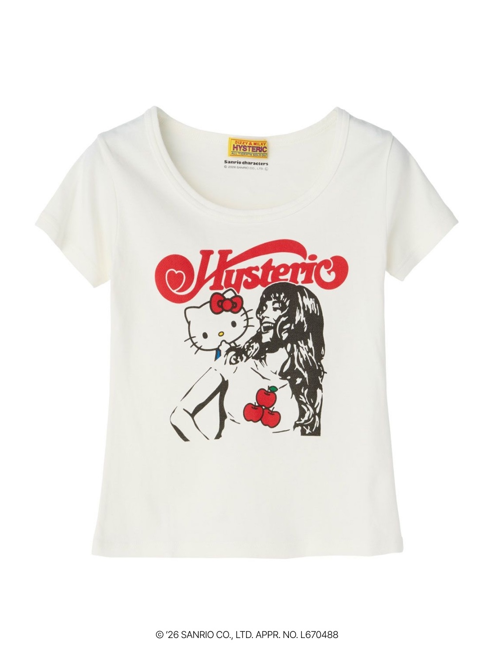 (W) Hysteric Glamour x Sanrio Kitty On Woman T-Shirt White, (W) Hysteric Glamour x Sanrio Characters Band T-Shirt White 착용 스타일 - 2