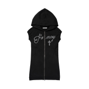 (W) Fancy Club Hotfix Puff Sleeve Hooded Dress Black