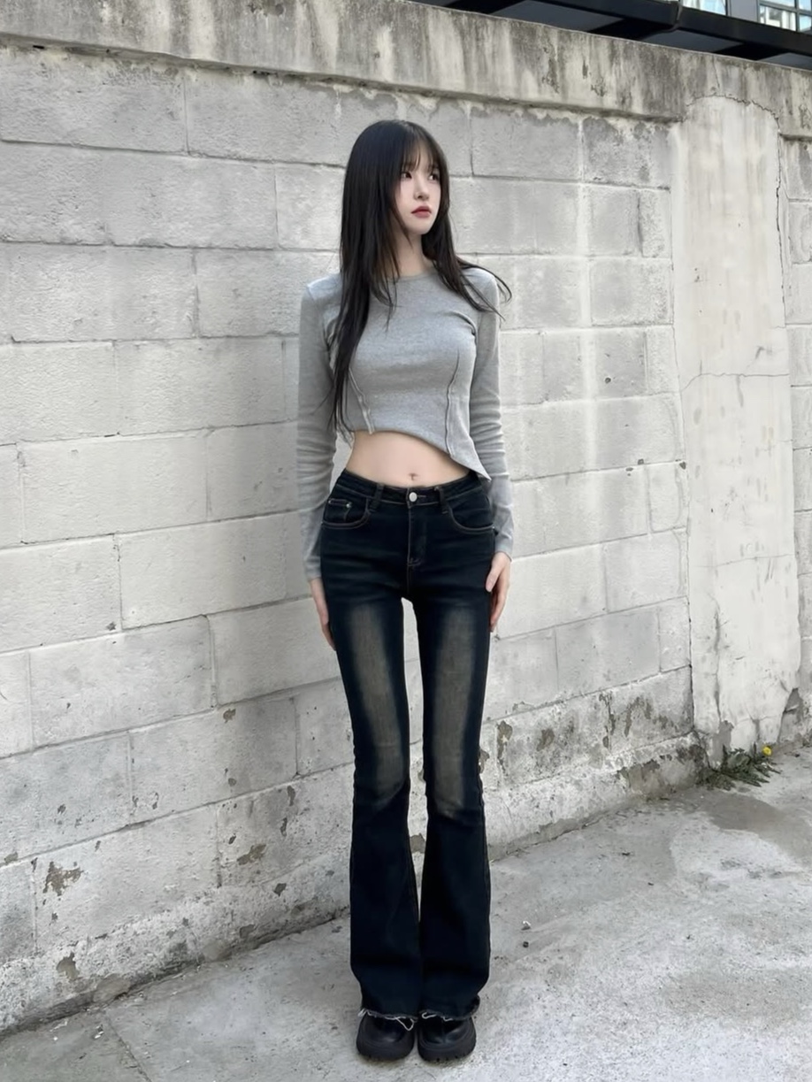 PHOS333 W Diagonal Long Sleeved Melange Grey 착용 스타일 - 3