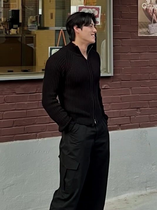 PHOS333 M Stand Neck Knit Zip-Up Black 착용 스타일 - 2