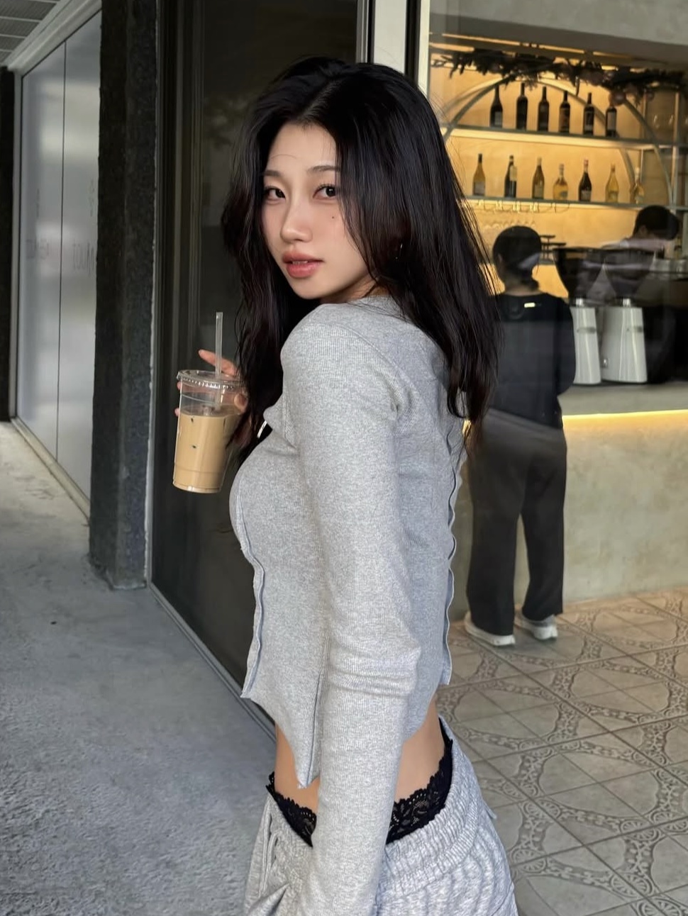 PHOS333 W Diagonal Long Sleeved Melange Grey 착용 스타일 - 3