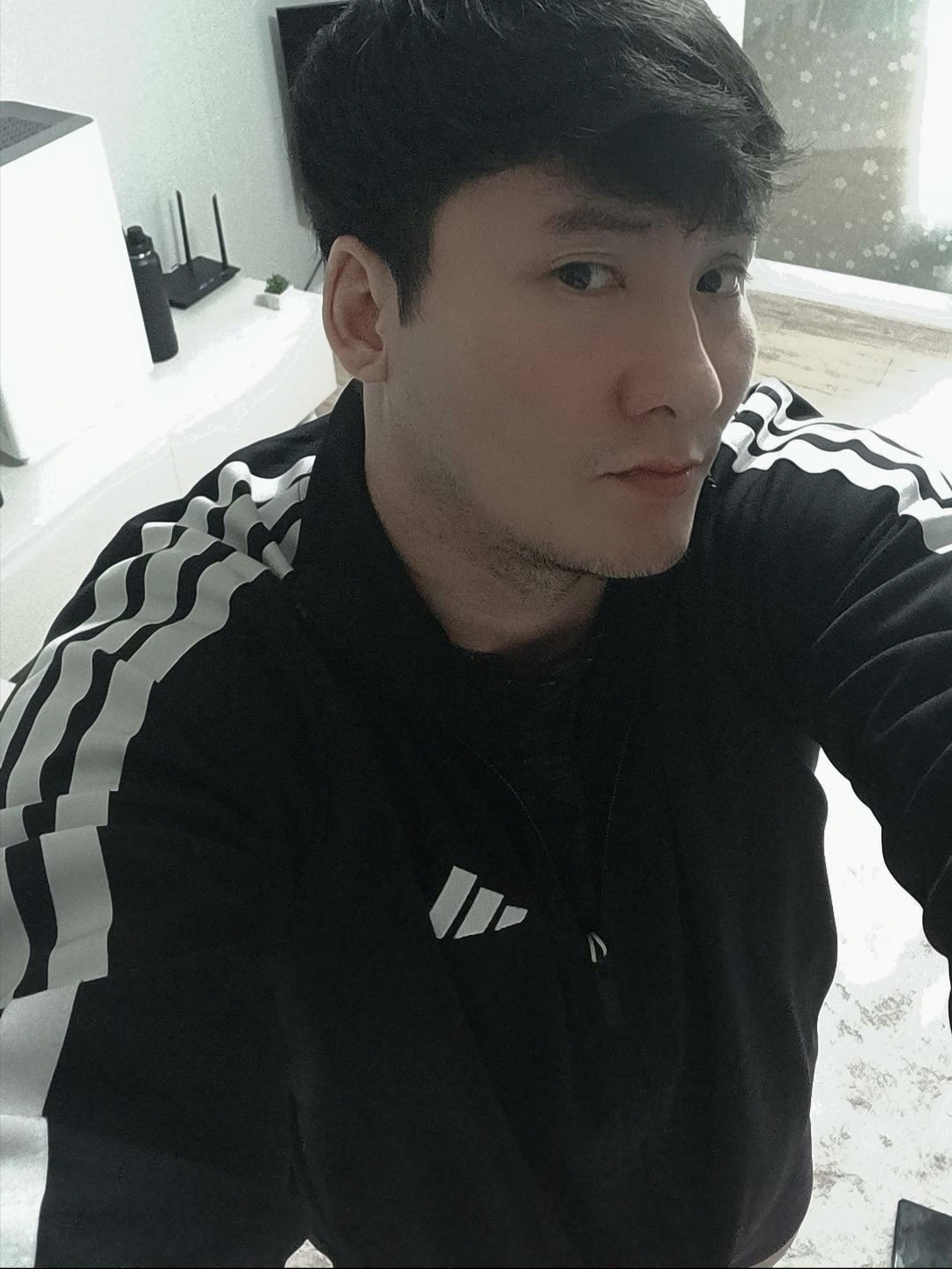 Adidas 3S Regular Fit Double Knit Track Jacket Black White - KR Sizing 착용 스타일