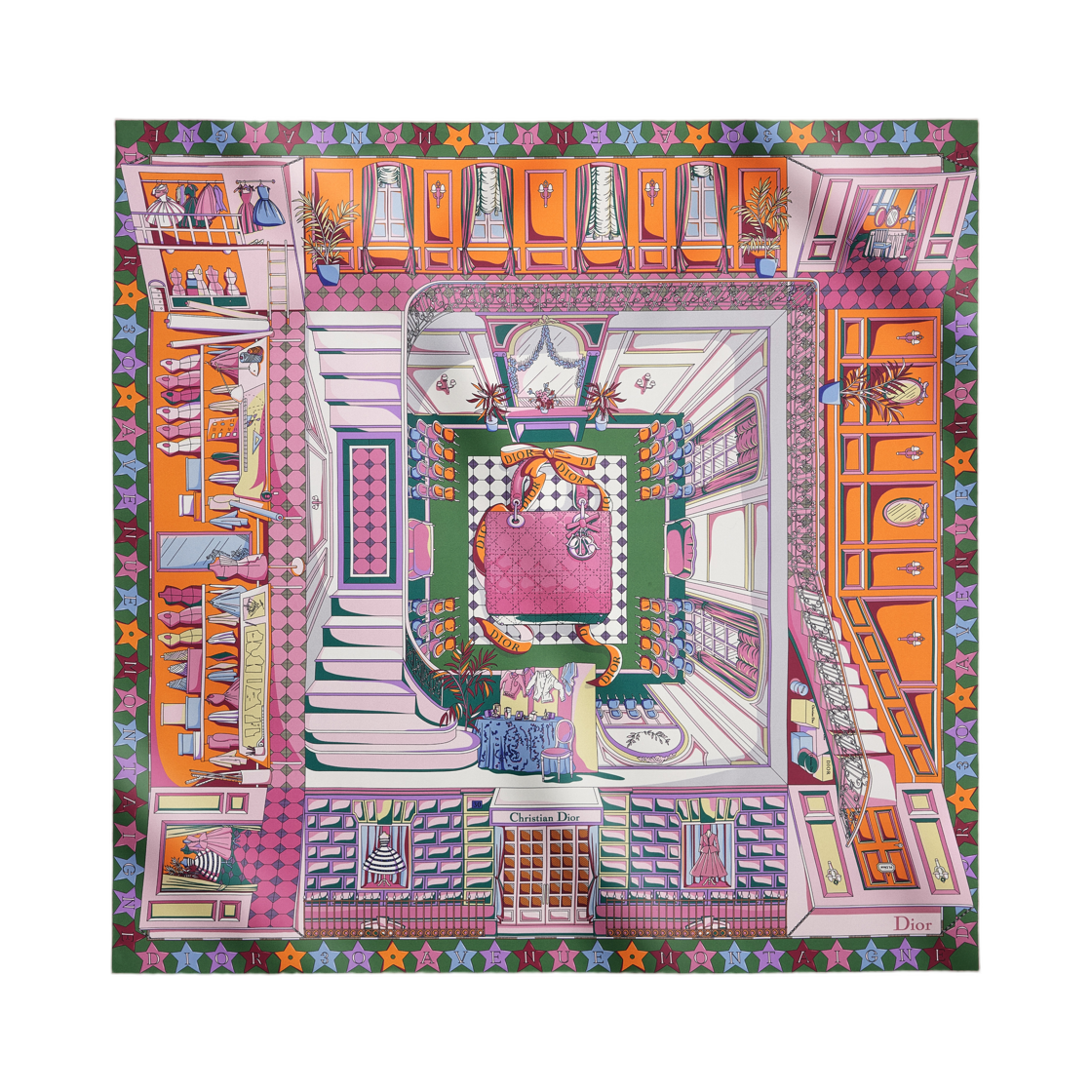 64TC090S6124-C241 (W) Dior Inside Dior Avenue Square 90 Scarf Multi Color Silk Twill Gold Rose Tendre