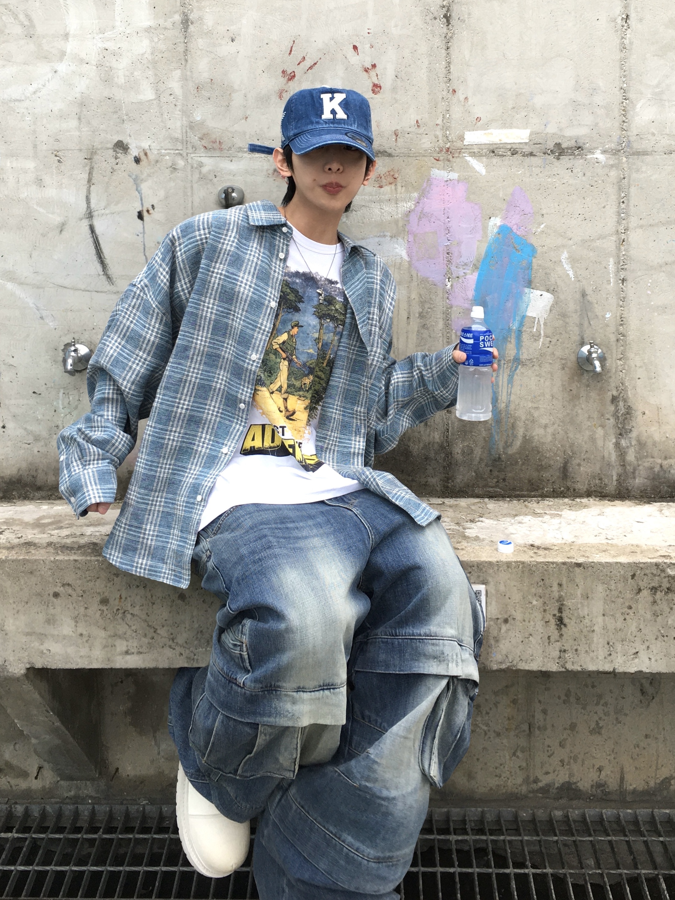 Kamien Belarus Linen Check Shirt, Kamien Titan Baggy Denim Pants Blue 착용 스타일 - 1