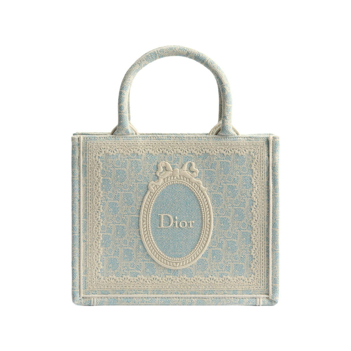 M1404PEWW-M259 Dior Small Dior Book Tote With Strap Dior Oblique Washed Embroidery & Dior Medallion Celest Blue Ecru