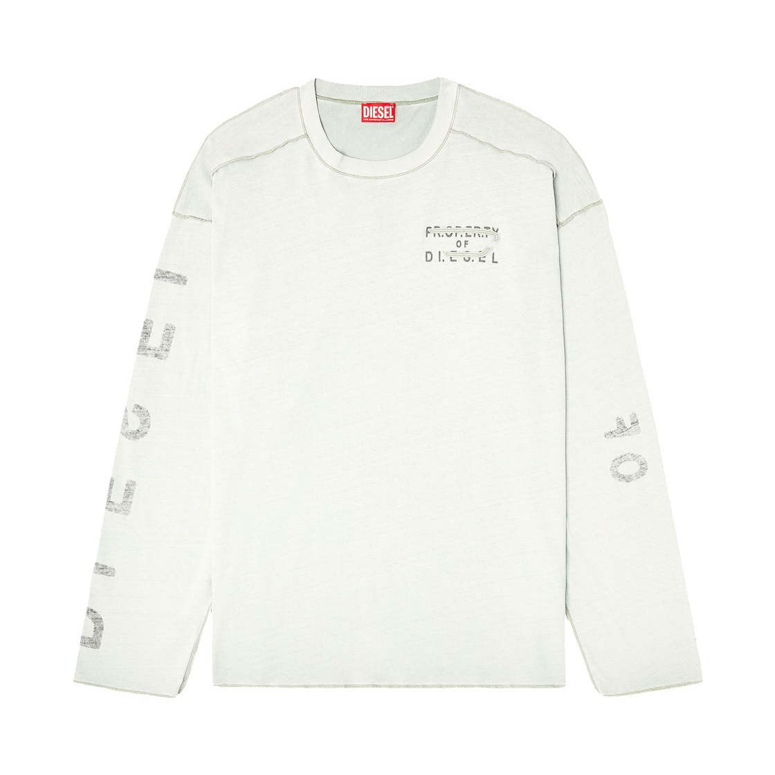 A202300QMBT-9EC Diesel Relaxed Long-Sleeve T-Shirt with Printed Sleeves Light Grey
