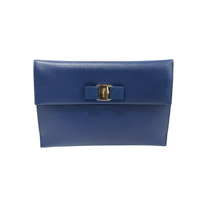 ITR7744KM455 Ferragamo 22 C332 Blue Saffiano Leather Vara Bow Flap Clutch