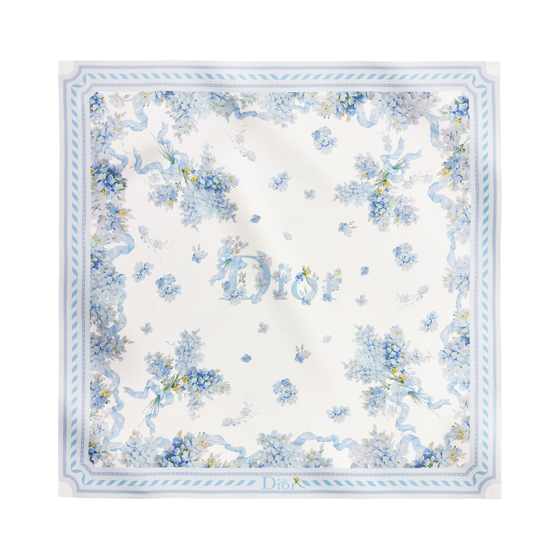 64TC090D6129-C516 (W) Dior Lilac Bouquet Square 90 Scarf Silk Twill White Blue