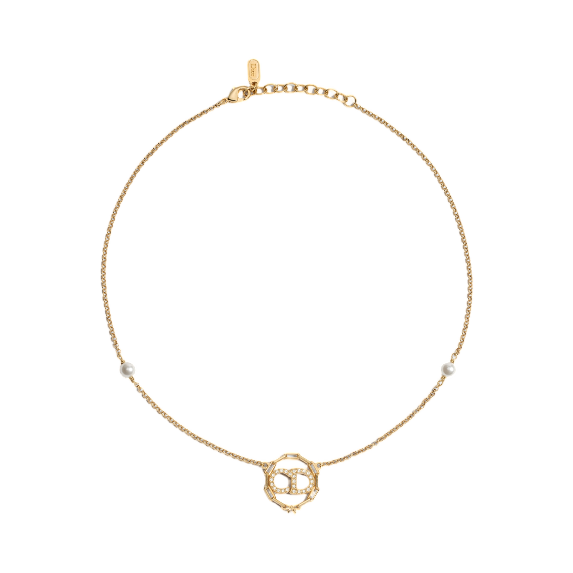 N3837WOMCY-D319 (W) Dior CD Circle Chain Necklace Finish Metal & Resin Pearl Crystal Gold White