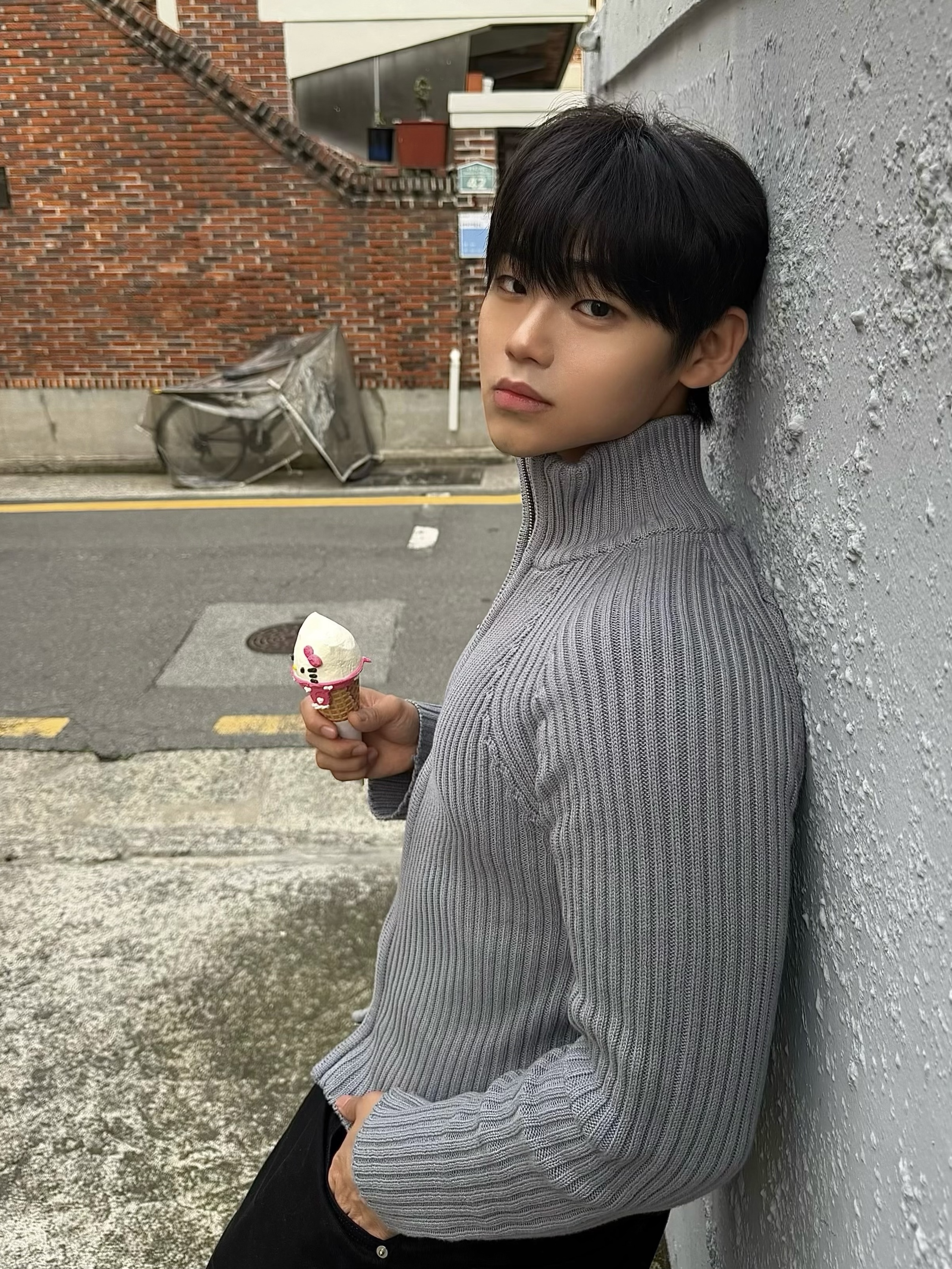 PHOS333 M Stand Neck Knit Zip-Up Grey 착용 스타일 - 5