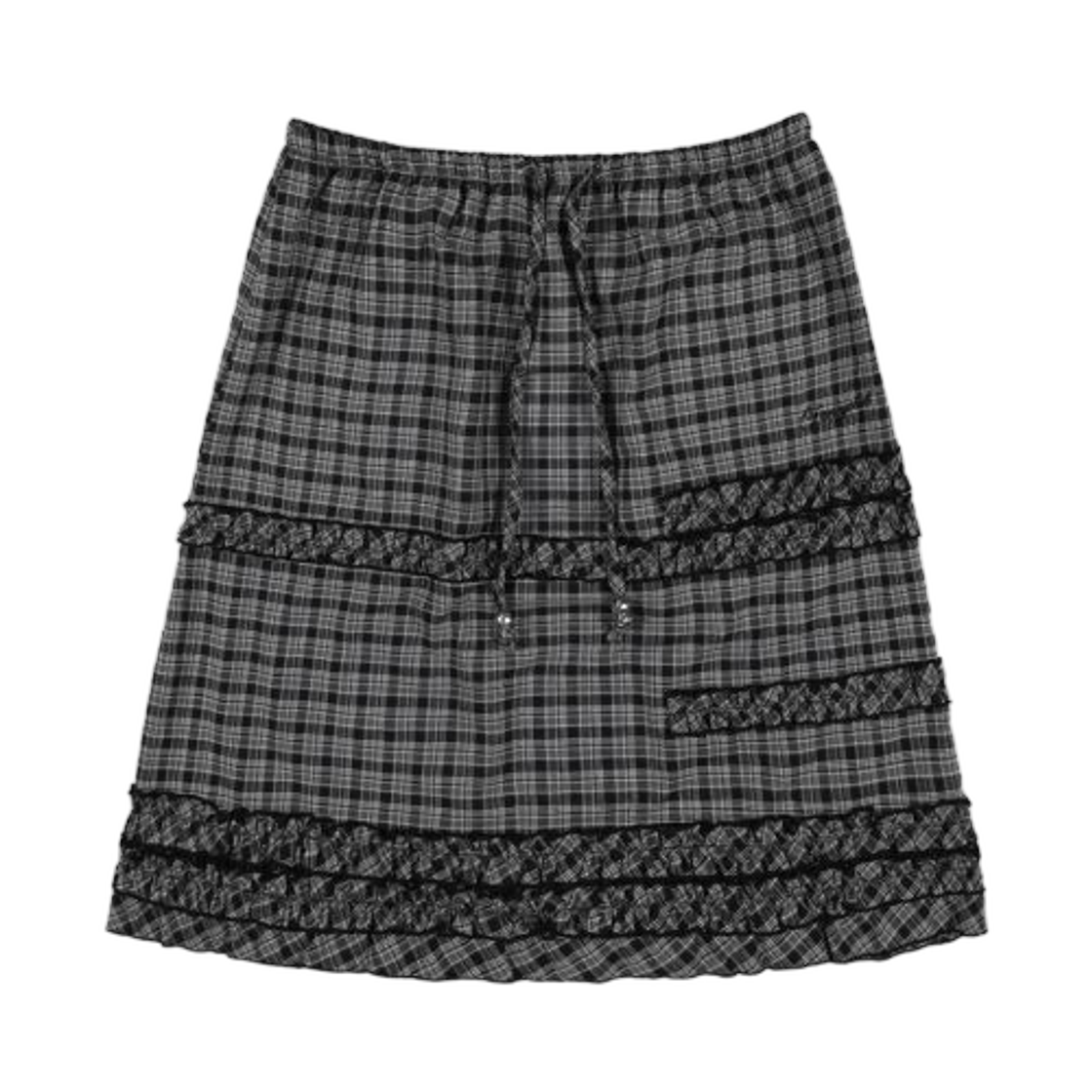 (W) 팬시 클럽 슈슈 프릴 체크 미디 스커트 블랙((W) Fancy Club Chouchou Frill Check Midi Skirt Black)