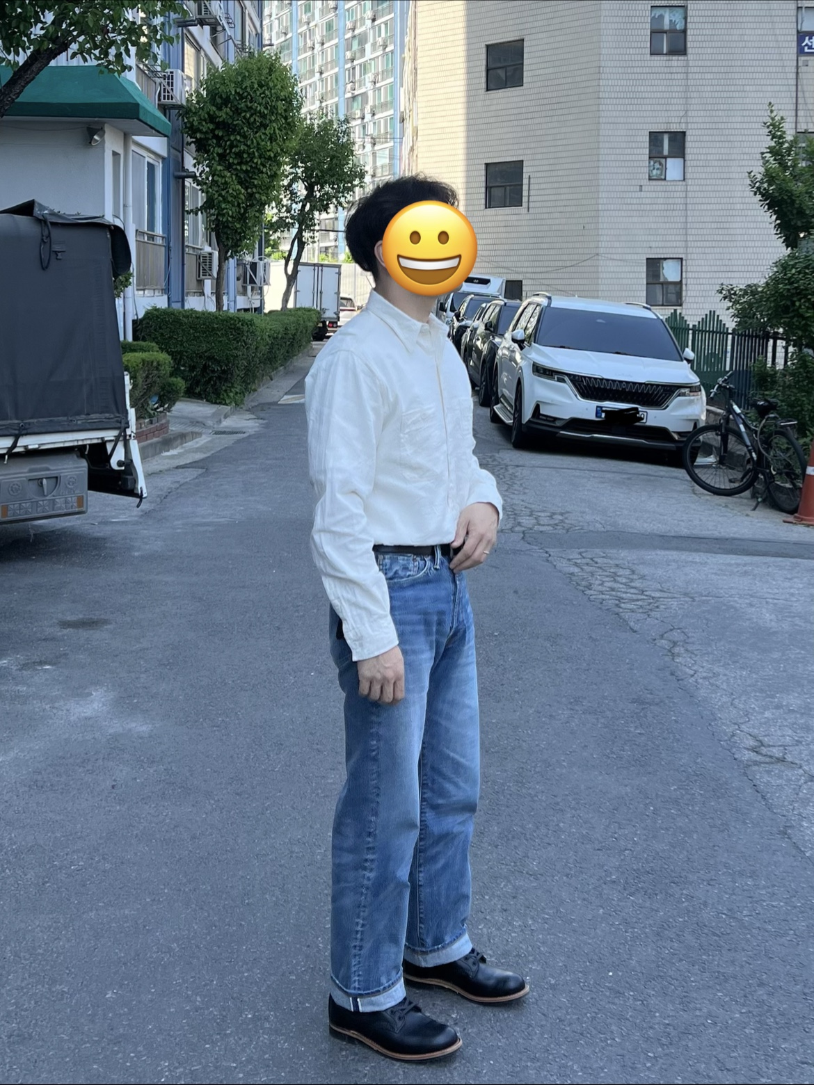 Buzz Rickson's Chambray Work Shirts Long Sleeve White, Outstanding 40S Selvedge Straight Pants Light Blue 착용 스타일 - 3