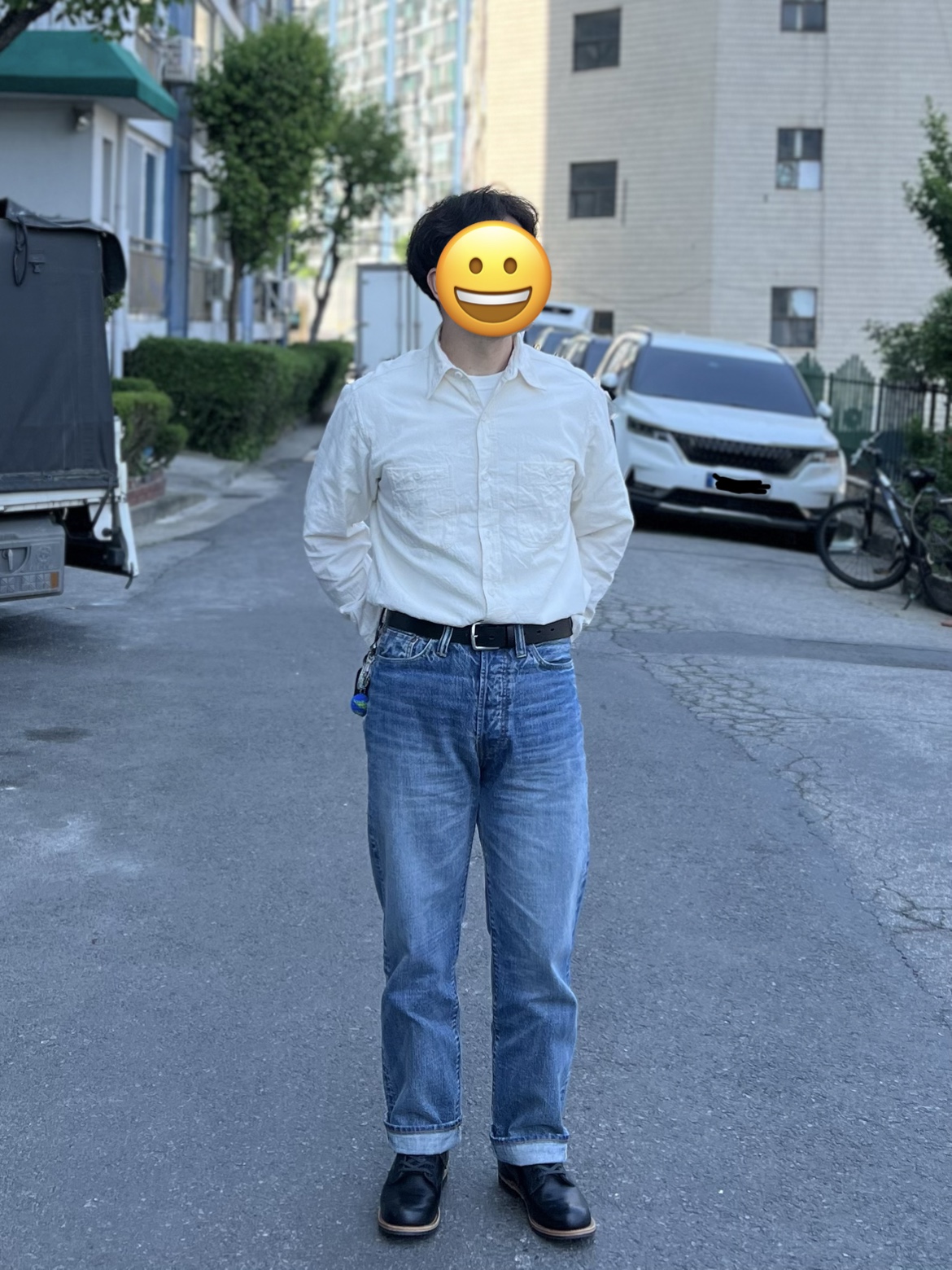 Buzz Rickson's Chambray Work Shirts Long Sleeve White, Outstanding 40S Selvedge Straight Pants Light Blue 착용 스타일 - 1
