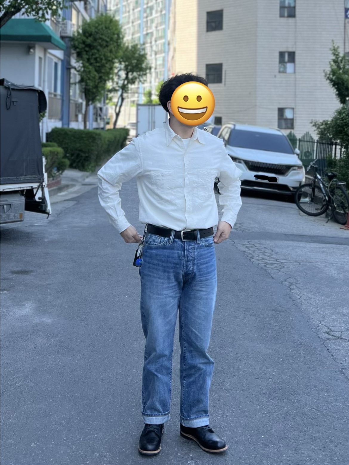Buzz Rickson's Chambray Work Shirts Long Sleeve White, Outstanding 40S Selvedge Straight Pants Light Blue 착용 스타일 - 2