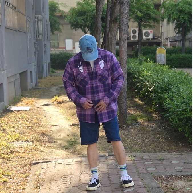 Supreme x Burberry Denim 6-Panel Washed Blue - 22SS, Supreme x Hysteric Glamour Plaid Flannel Shirt Purple - 21SS 착용 스타일 - 1