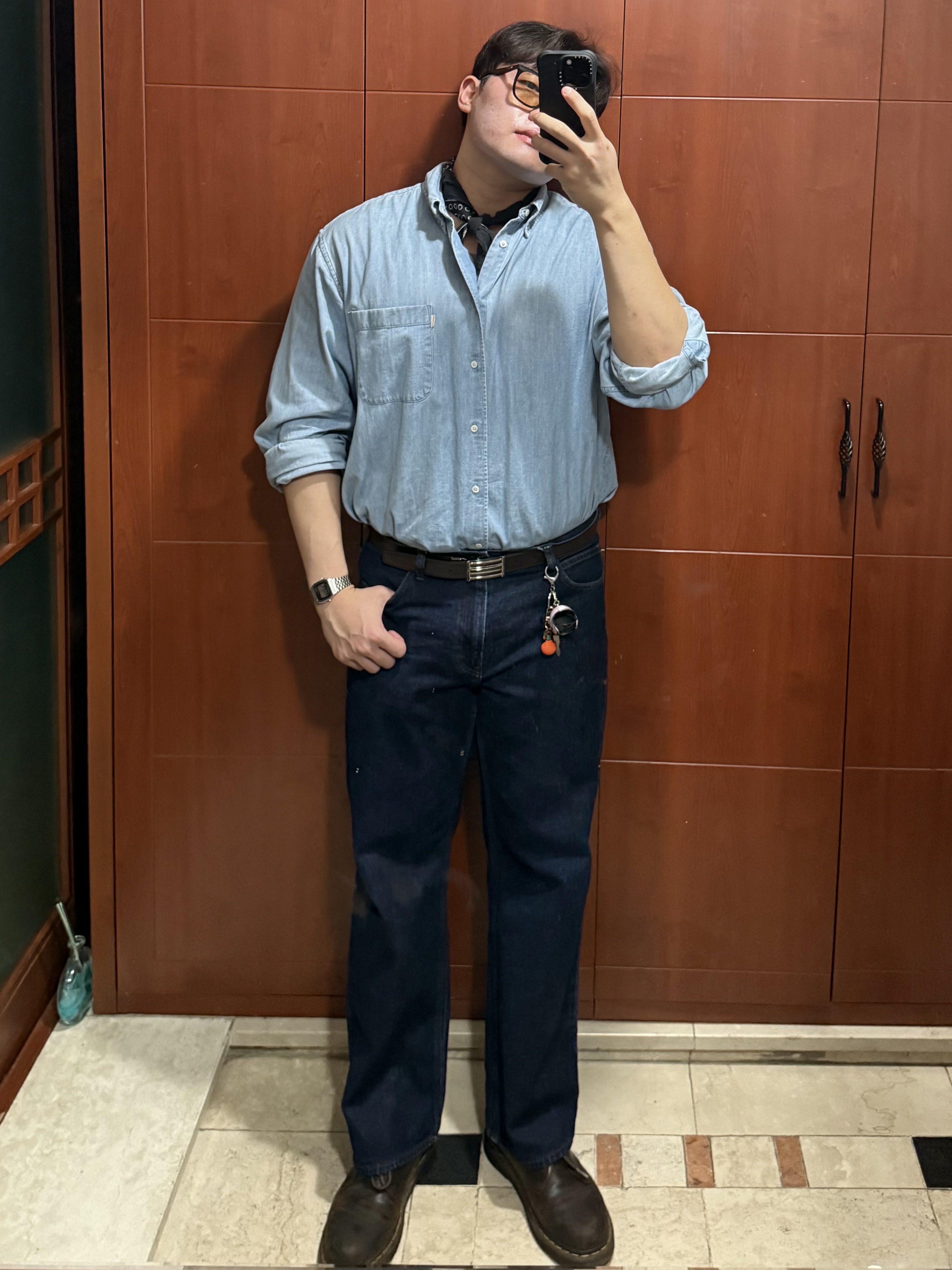 Kapital Fastcolor Selvedge Bandana Black, Casio A-159WA-N1 착용 스타일