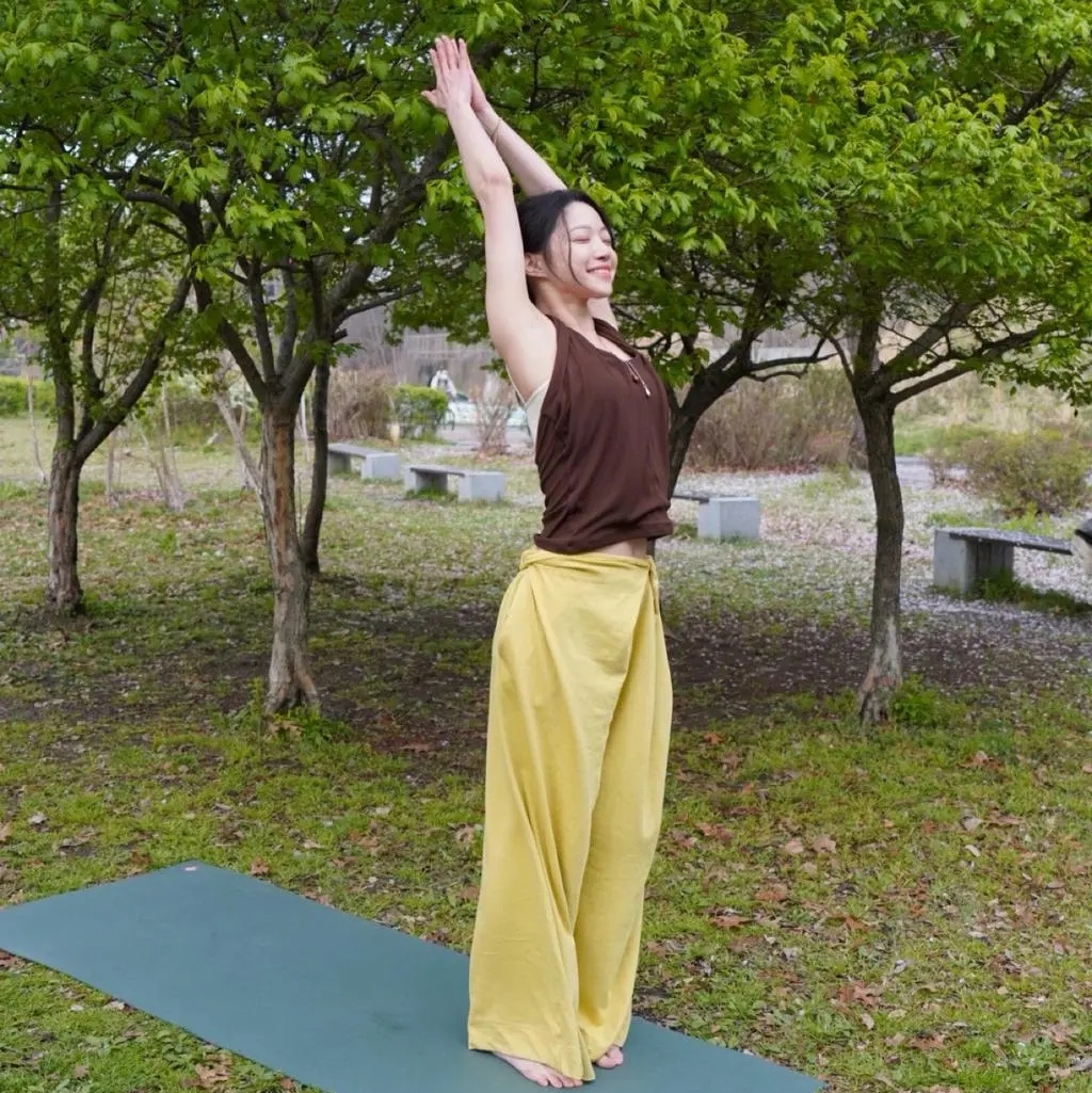 DHYANI Beneta Wide Pants (Bumblebee), DHYANI Drape Halter Top (Brick Brown) 착용 스타일