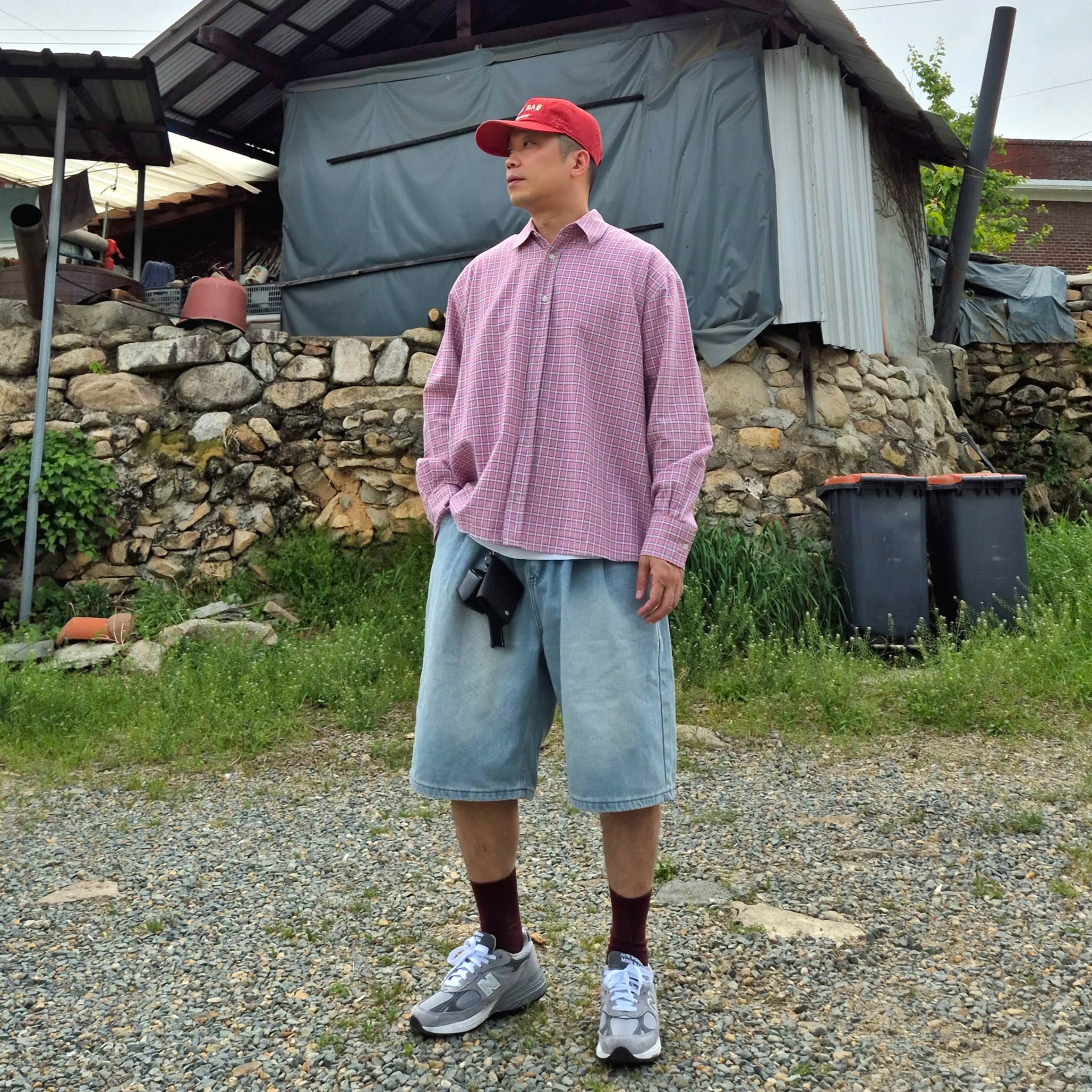 New Balance 993 Made in USA Grey - D Standard, Sunday Ceremony Vintage Washed 5 Panel Cotton Cap - Red 착용 스타일 - 2