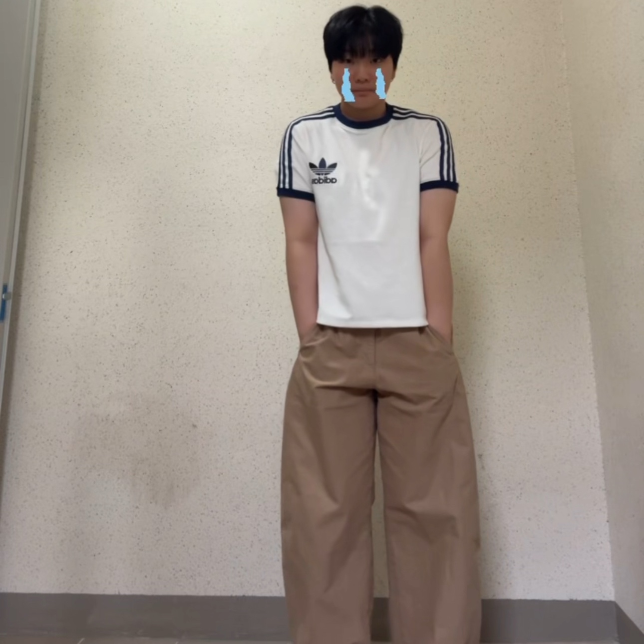 (W) Adidas Terry 3S T-Shirt Off White - KR Sizing 착용 스타일