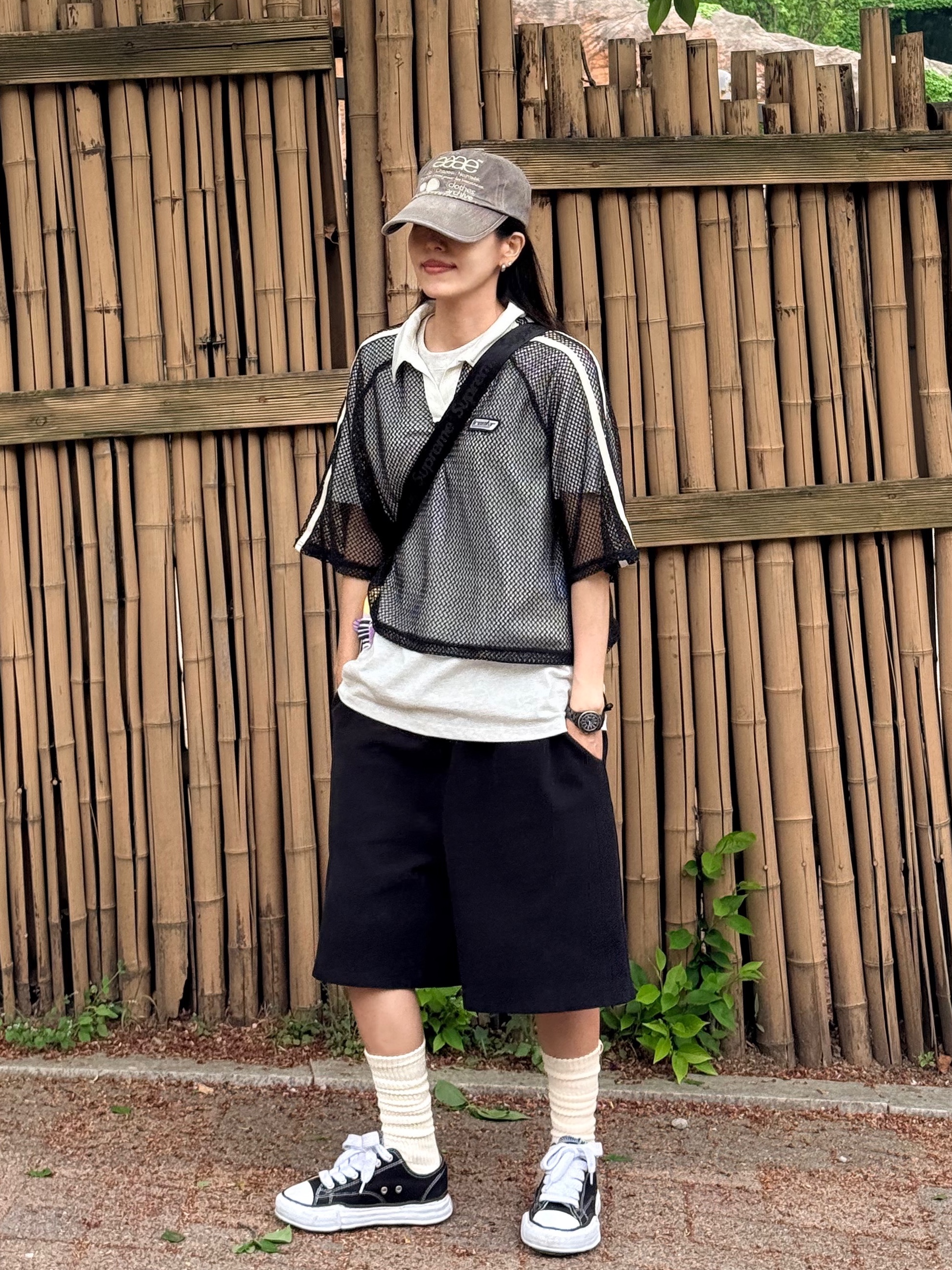 [예약 배송] AEAE Web Logo Washed 5 Pannel Ball Cap Brown, Supreme Utility Bag Black - 25SS 착용 스타일 - 1