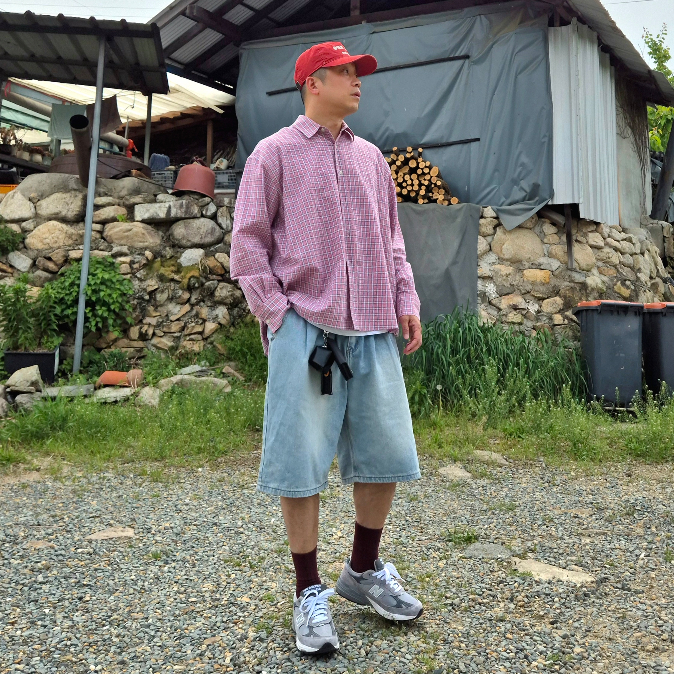 New Balance 993 Made in USA Grey - D Standard, Sunday Ceremony Vintage Washed 5 Panel Cotton Cap - Red 착용 스타일 - 4