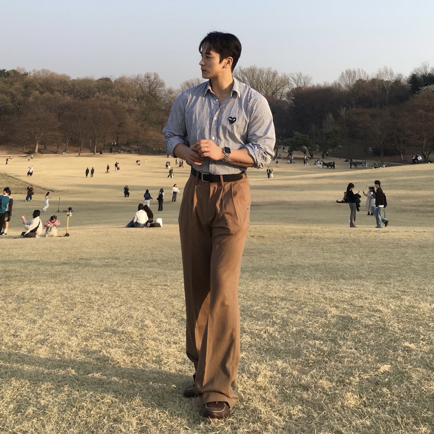Play Comme des Garcons Striped Black Heart Shirt Blue, Timberland Classic 3-Eye Boat Shoes Brown - Wide 착용 스타일
