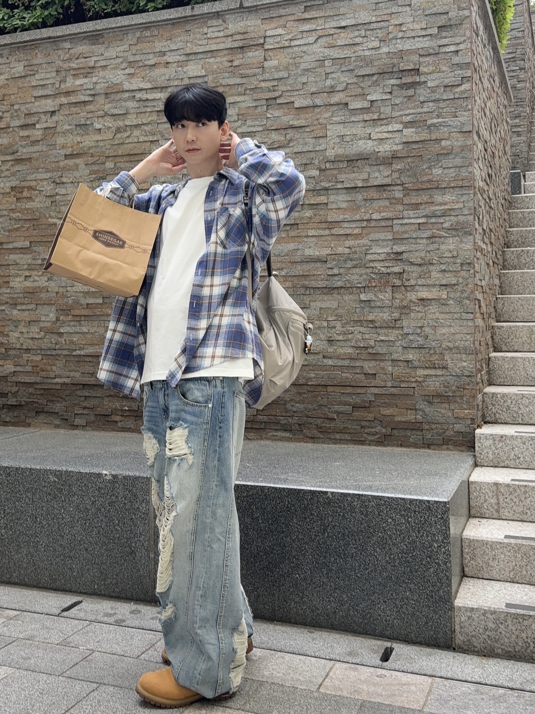 Timberland Premium 6 inch Waterproof Boot Wheat Nubuck - Medium, YESEYESEE Flannel Check Shirt Blue 착용 스타일 - 1