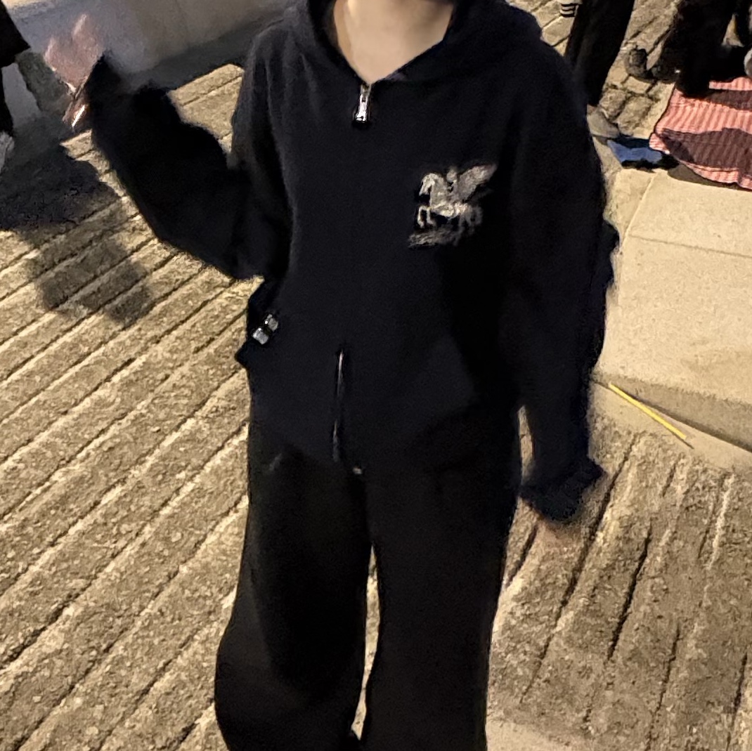 PACOSPLY Falling Angel Zip Up Hoodie Navy 착용 스타일