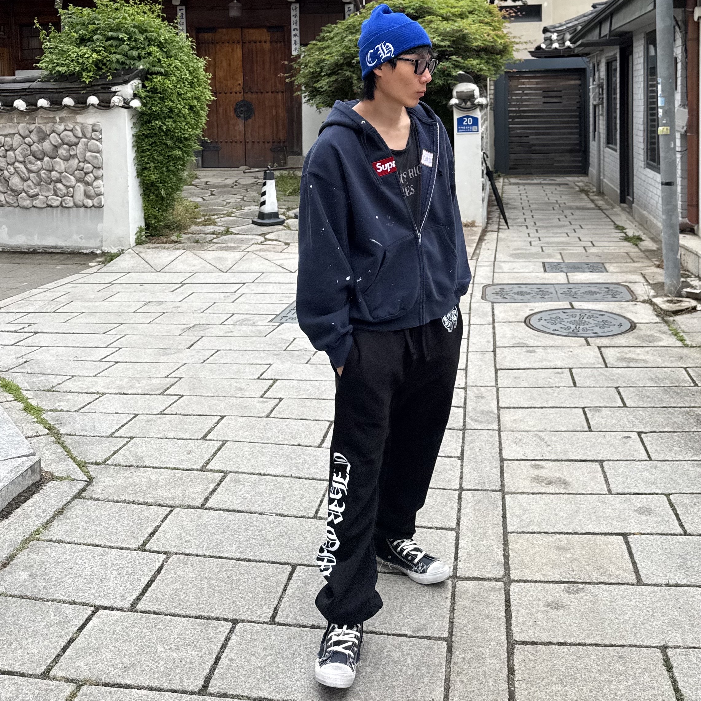 Supreme x MM6 Maison Margiela Box Logo Zip Up Hooded Sweatshirt Navy - 26SS 착용 스타일 - 3