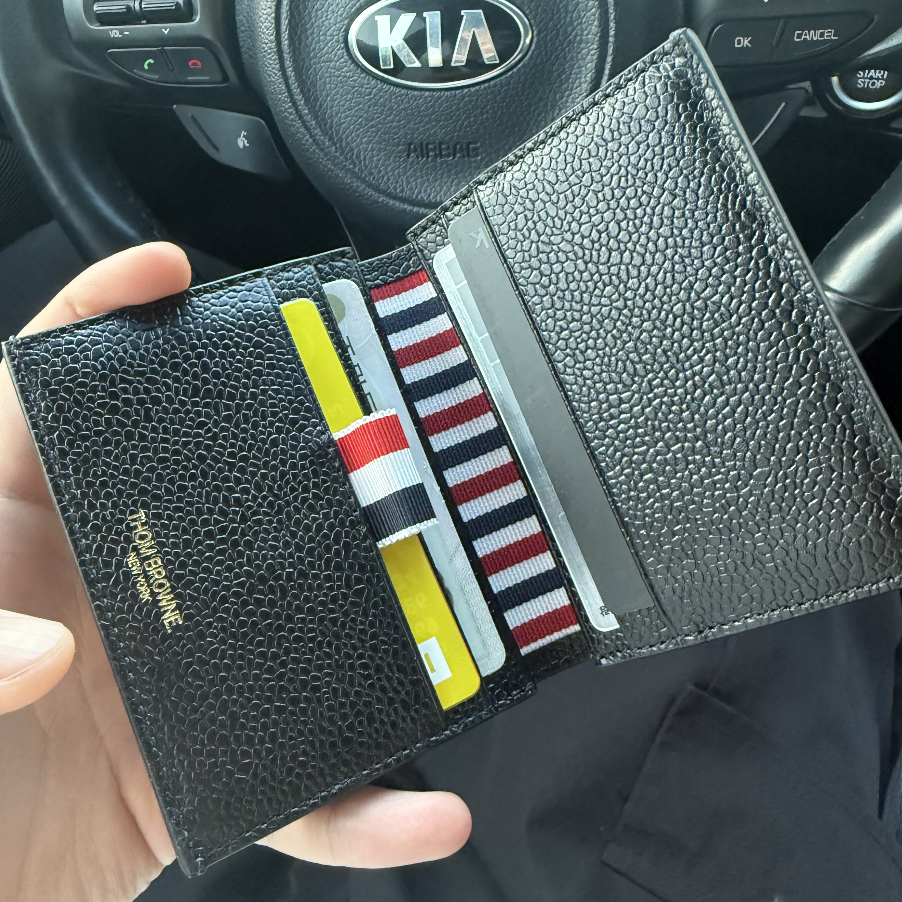 Thom Browne Pebble Grained Leather Double Card Holder Black 착용 스타일