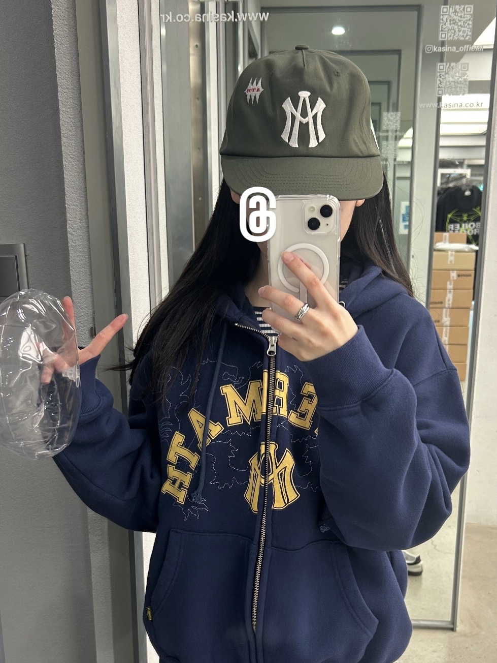 Aftermath Atm Logo Ball Cap Khaki, Aftermath Atm Logo Zip Hoodie Navy 착용 스타일