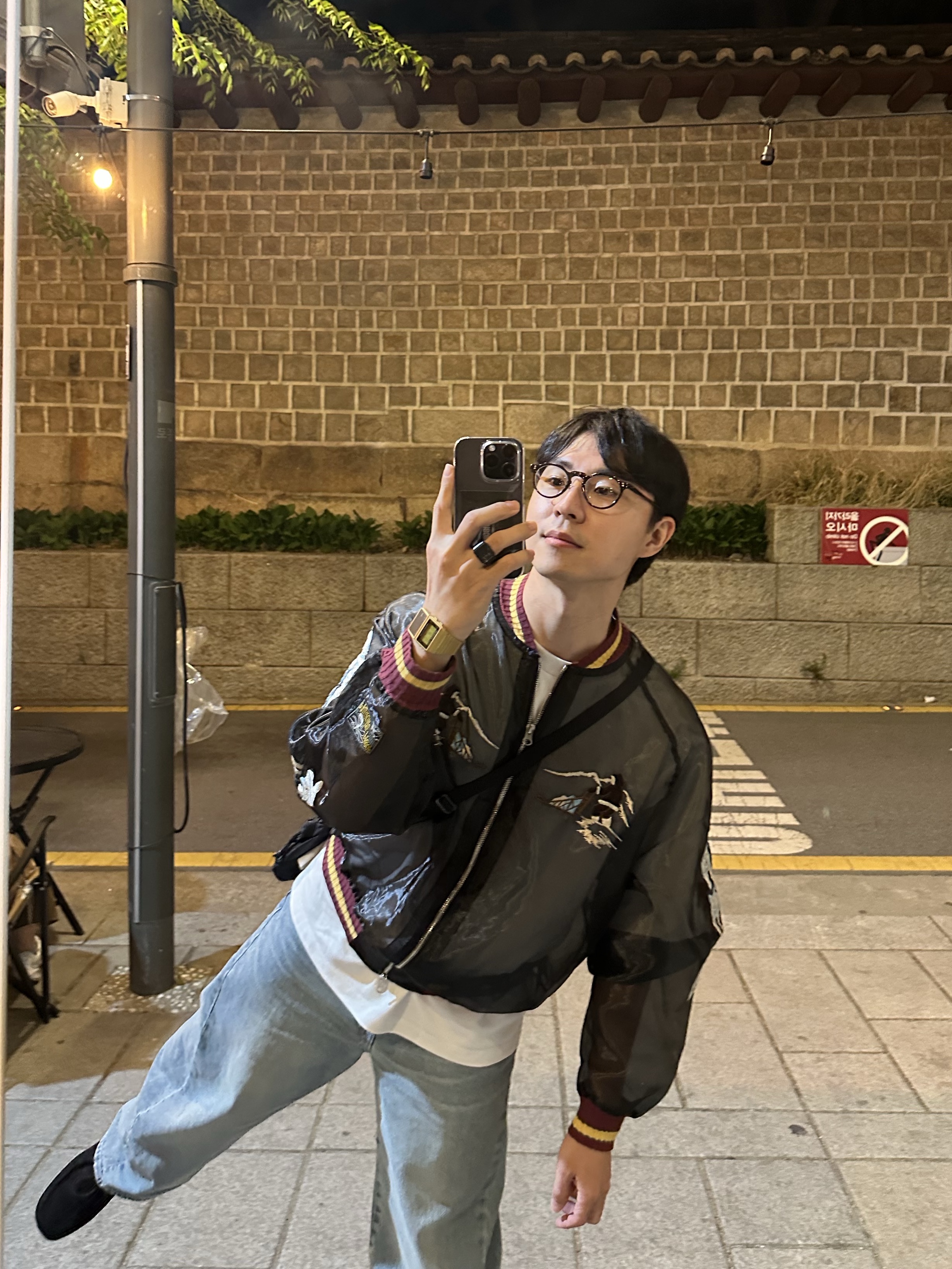 Kapital Sheer Pearl Mosquito Guard Souvenir Jacket Yukon Black, Kaneko Optical KA76R Brown Sasa 착용 스타일 - 4