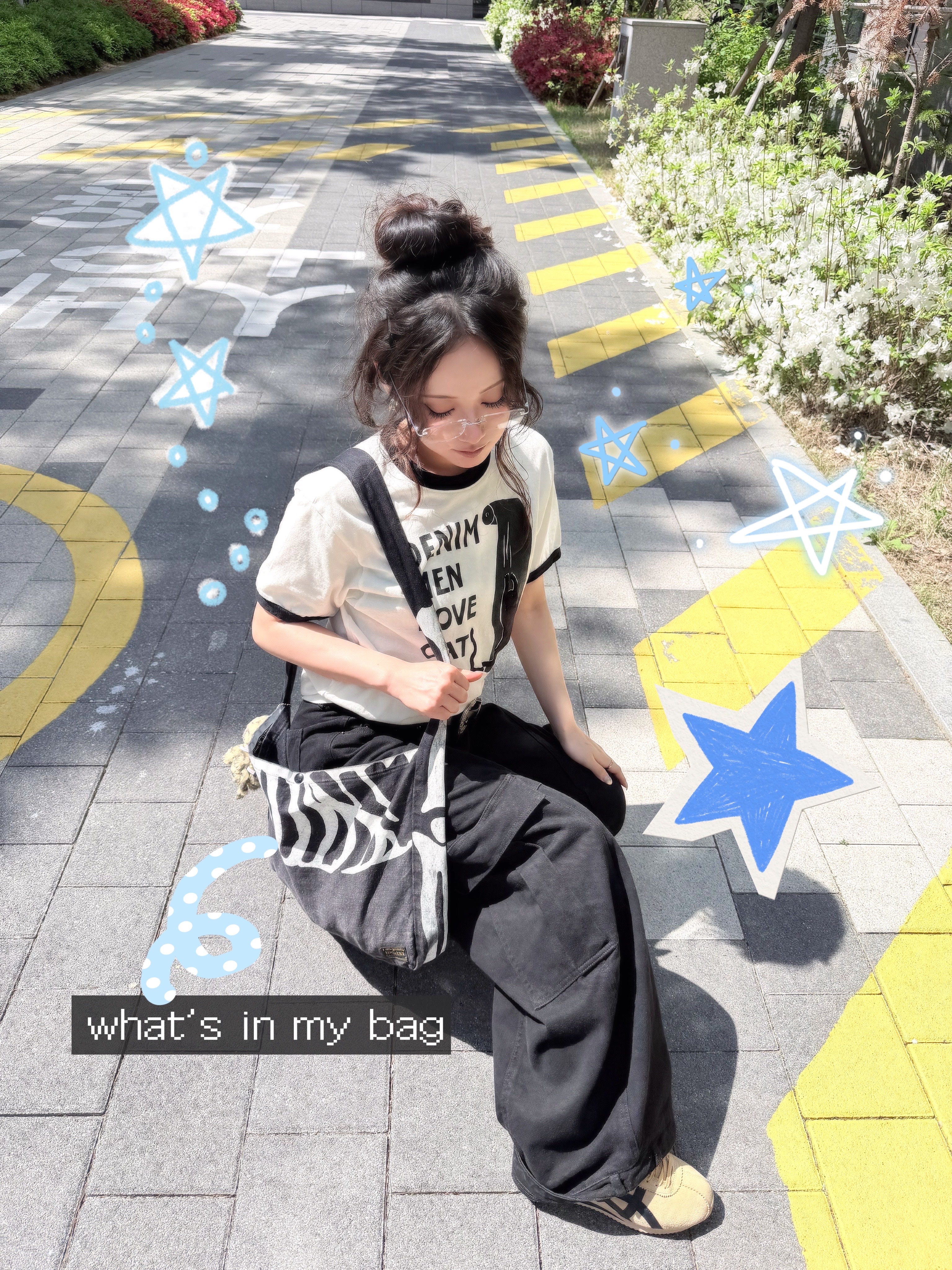 Kapital 14 oz. Denim Bone Print Book Bag Black, Kapital 20 Jersey Ringer T-Shirt Denim Men Love Cats Scratch Pt White 착용 스타일 - 1