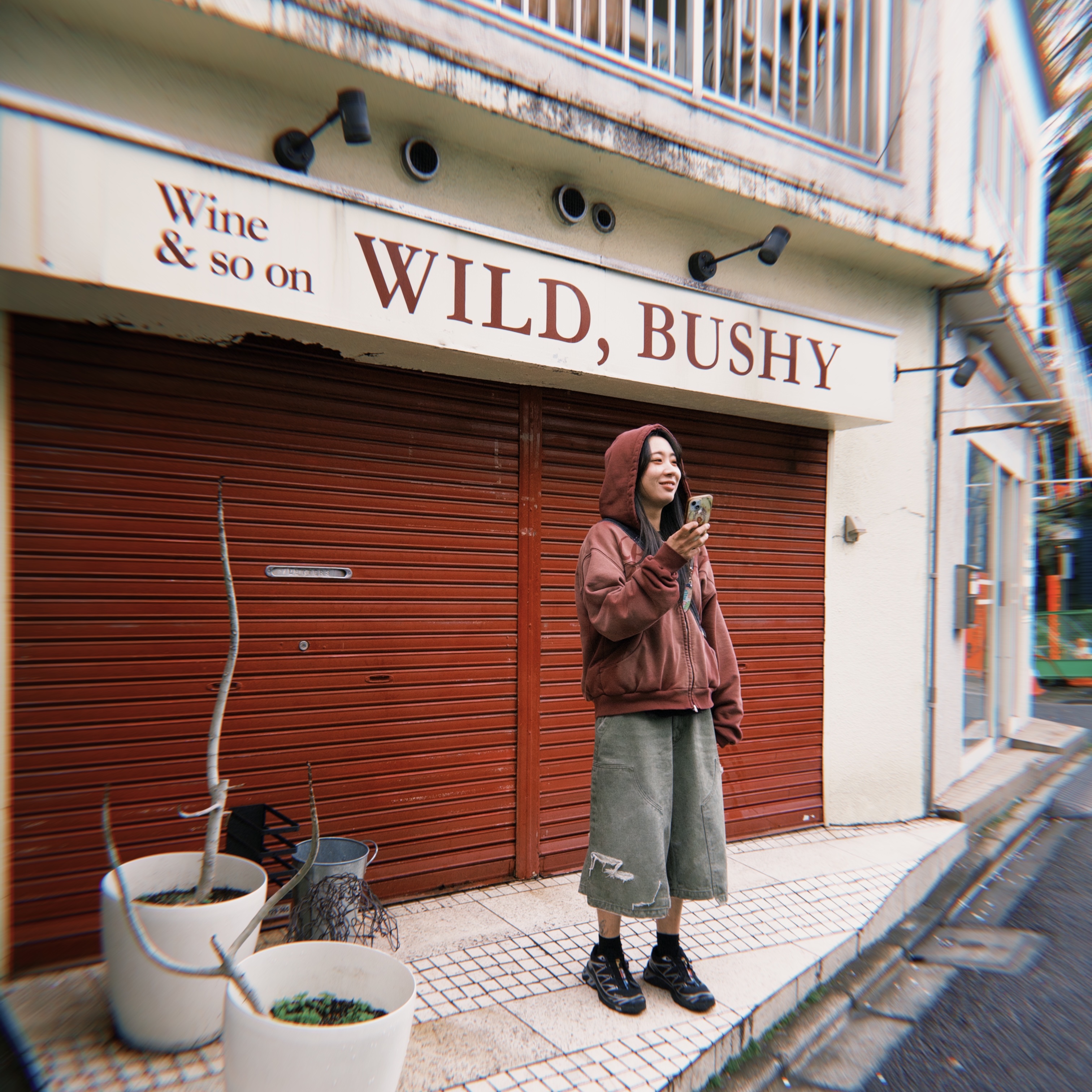 Bsrabbit Damaged Denim Shorts Olive, Bsrabbit Washed Zip-Up Hoodie Wine 착용 스타일