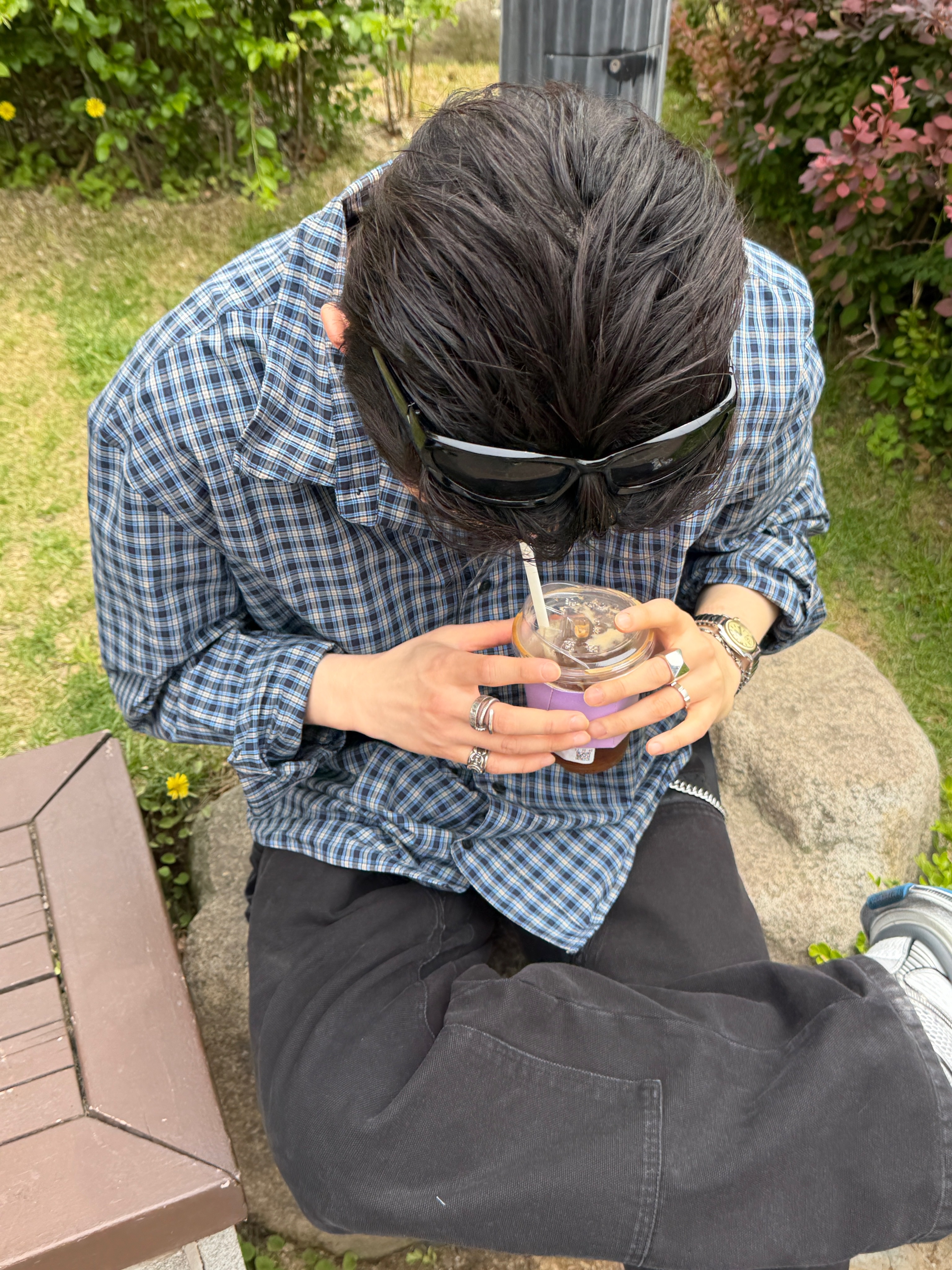 Nonnod Wire Shirt Blue, Nonnod Patina Double Knee Pants Faded Black 착용 스타일 - 9