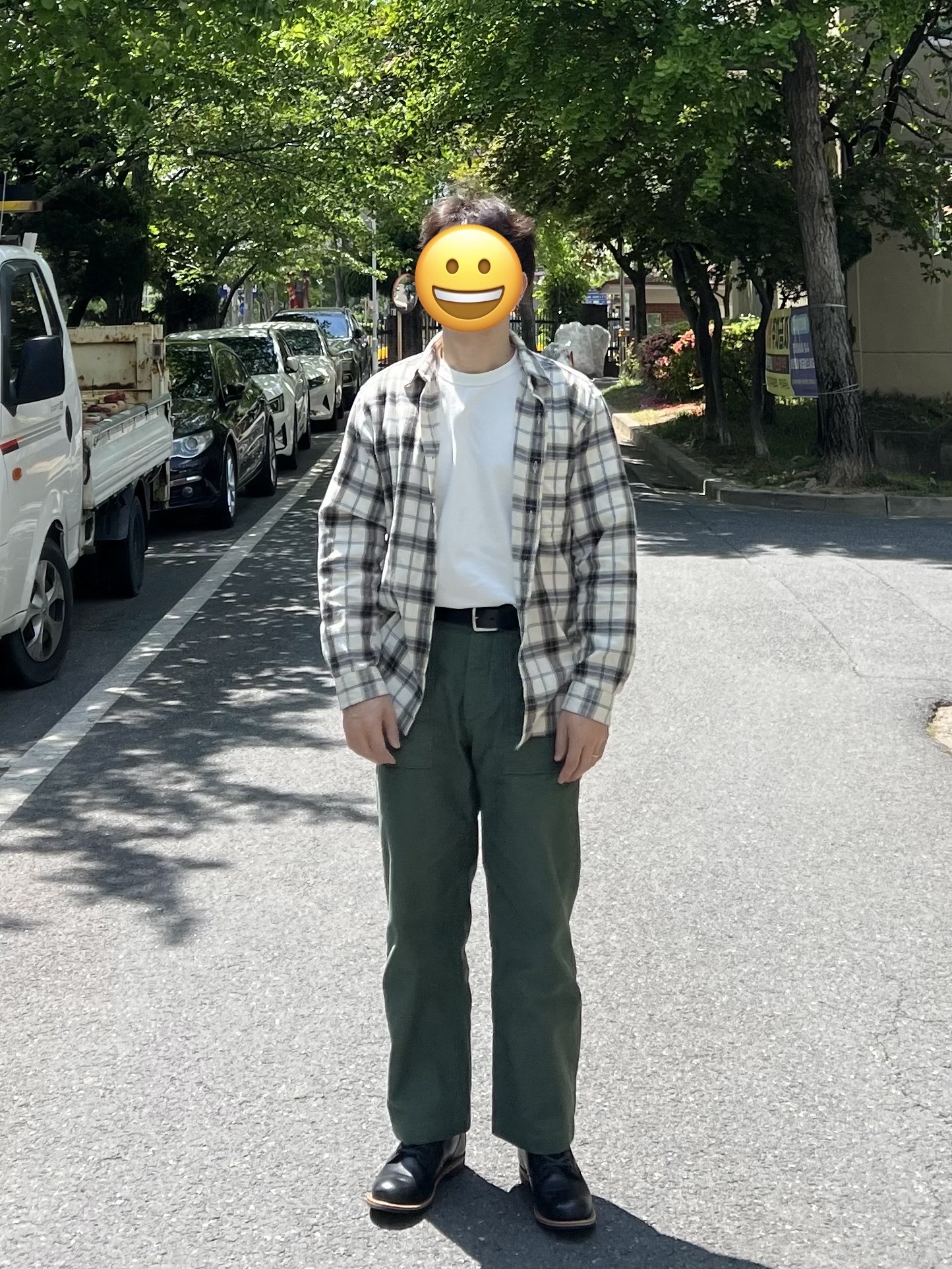 Uniqlo Flannel Check Long Sleeve Shirt Natural - JP, Red Wing Beckman 9423 Black Excalibur - D 착용 스타일 - 1