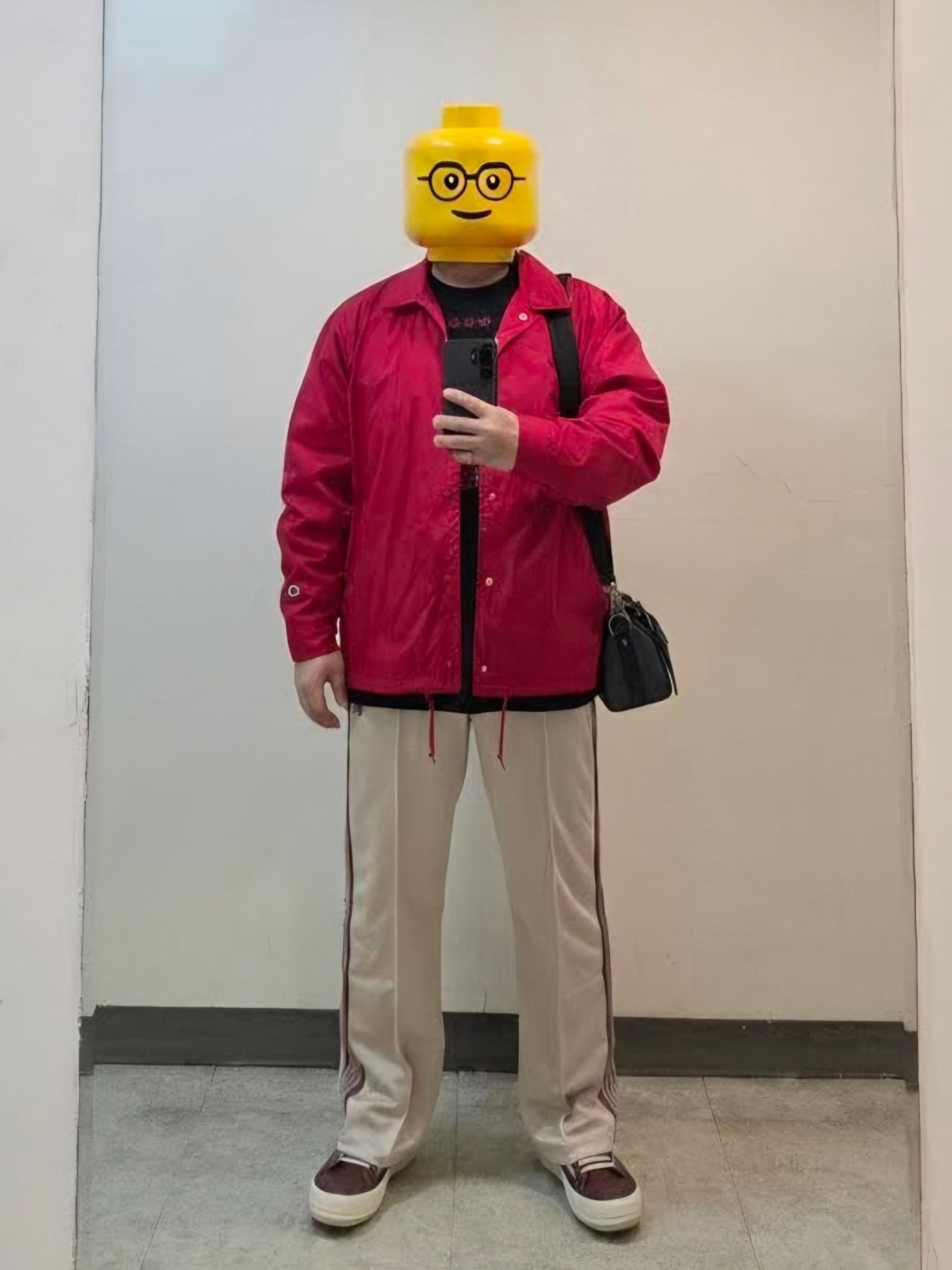 Supreme x Champion Coaches Jacket Red - 24SS, Needles Track Pants Poly Smooth Ivory 착용 스타일