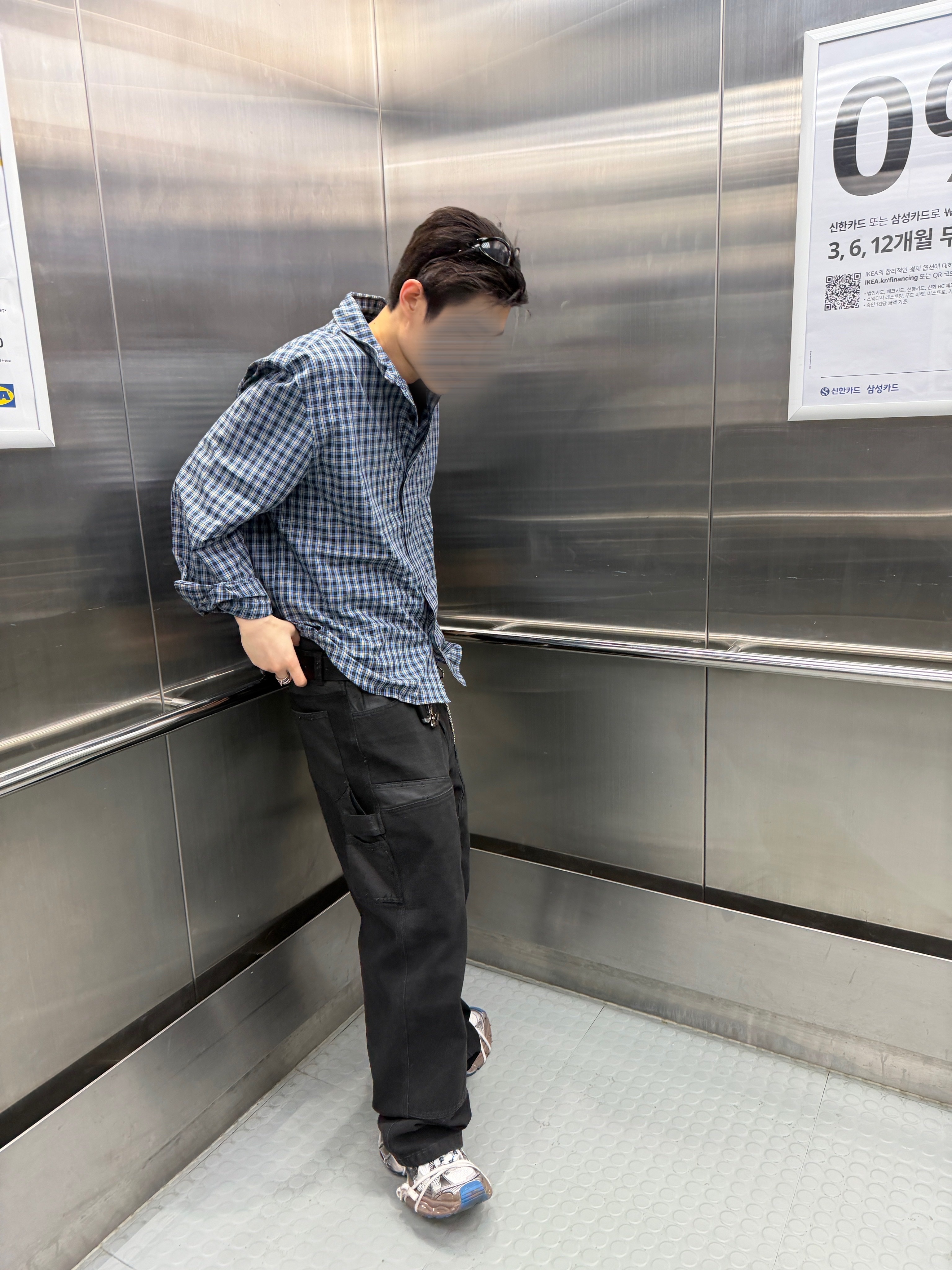 Nonnod Wire Shirt Blue, Nonnod Patina Double Knee Pants Faded Black 착용 스타일 - 5