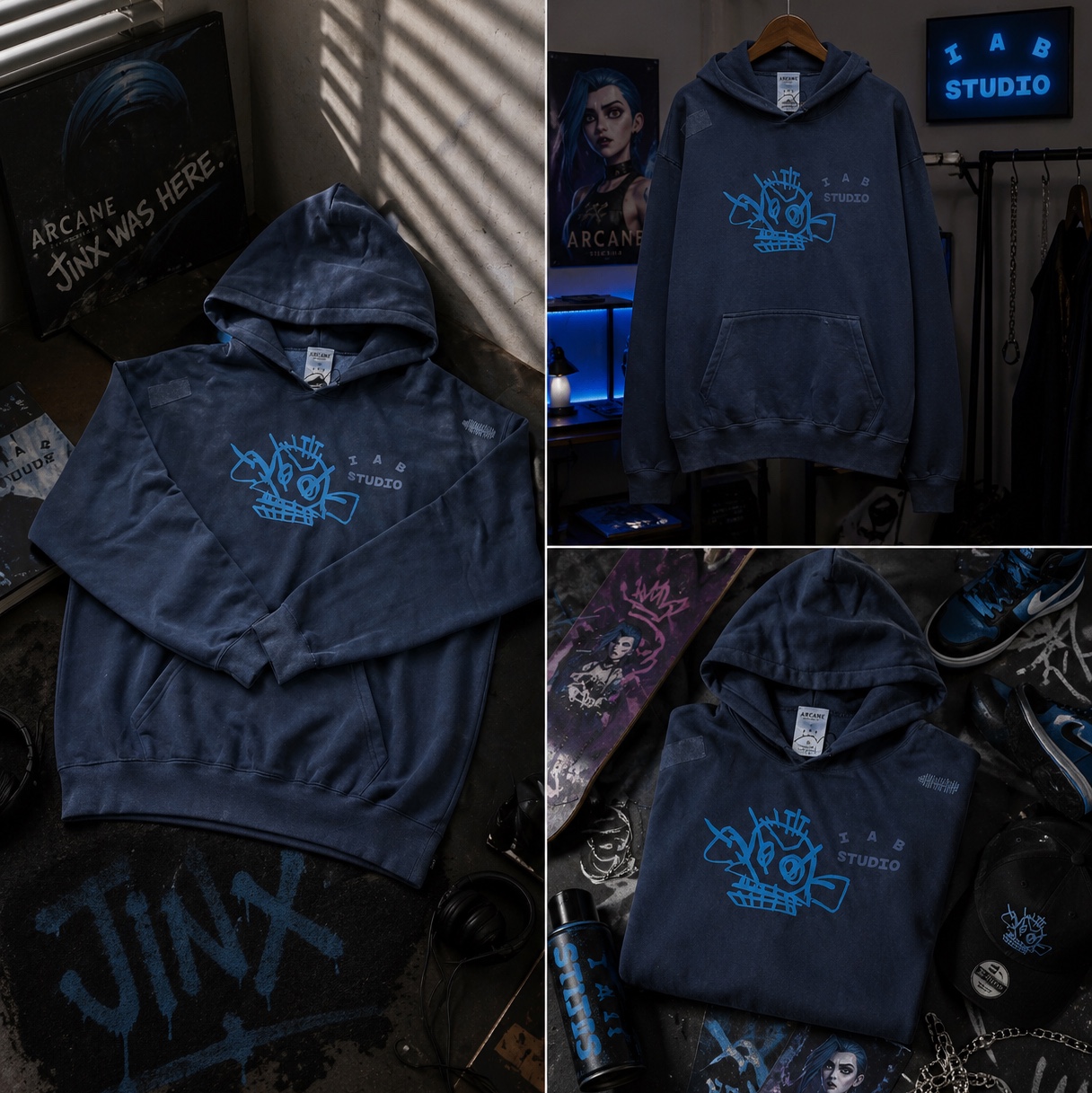 IAB Studio x Arcane Jinx Hoodie Washed Navy Sky Blue 착용 스타일