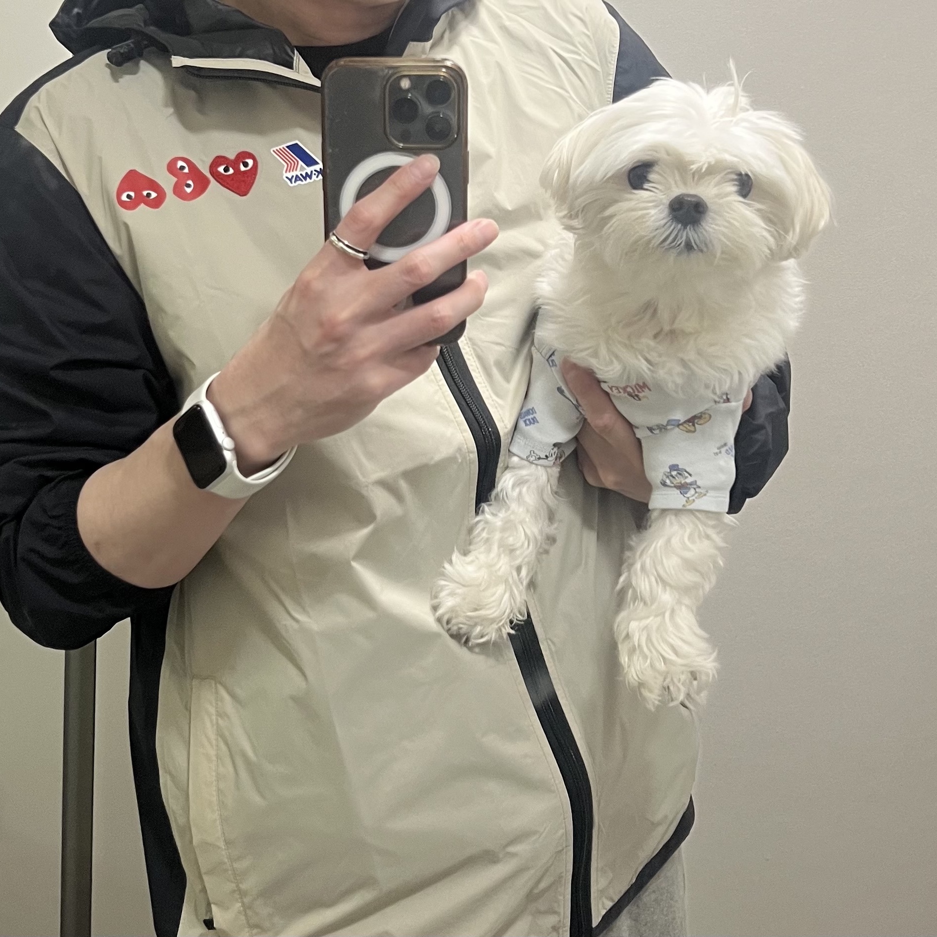 Play Comme des Garcons x K-Way Full Zip Jacket Beige Black 착용 스타일