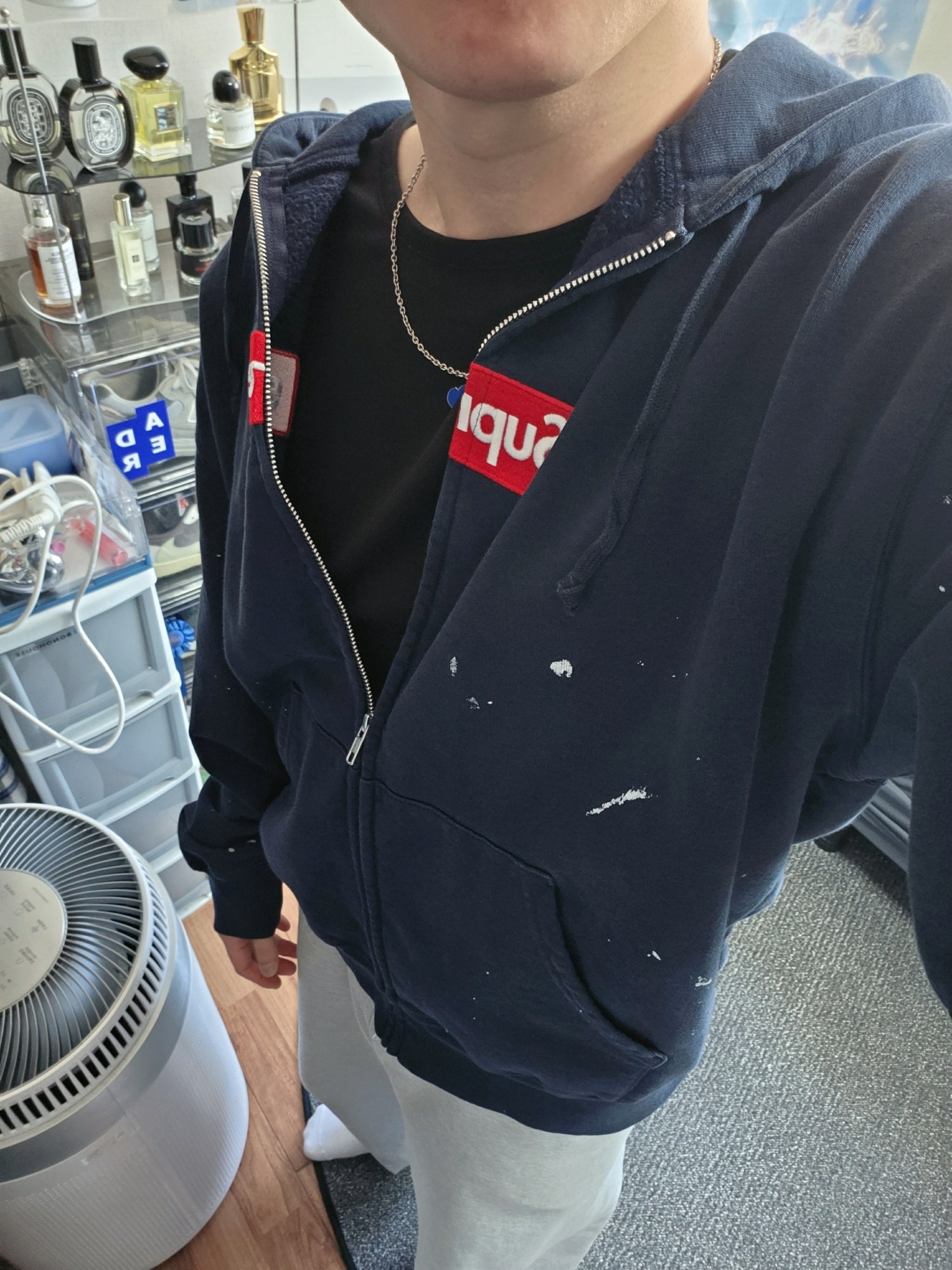 Supreme x MM6 Maison Margiela Box Logo Zip Up Hooded Sweatshirt Navy - 26SS, Zara x Willy Chavarria Slim Fit T-Shirt Black 착용 스타일