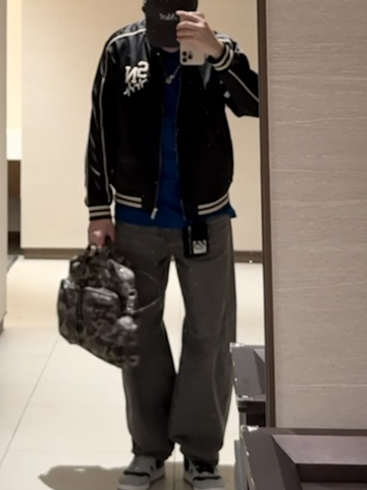 Nice Weather Apparel Signature Cap Charcoal, GU x Undercover Satin Rib Blouson Black 착용 스타일