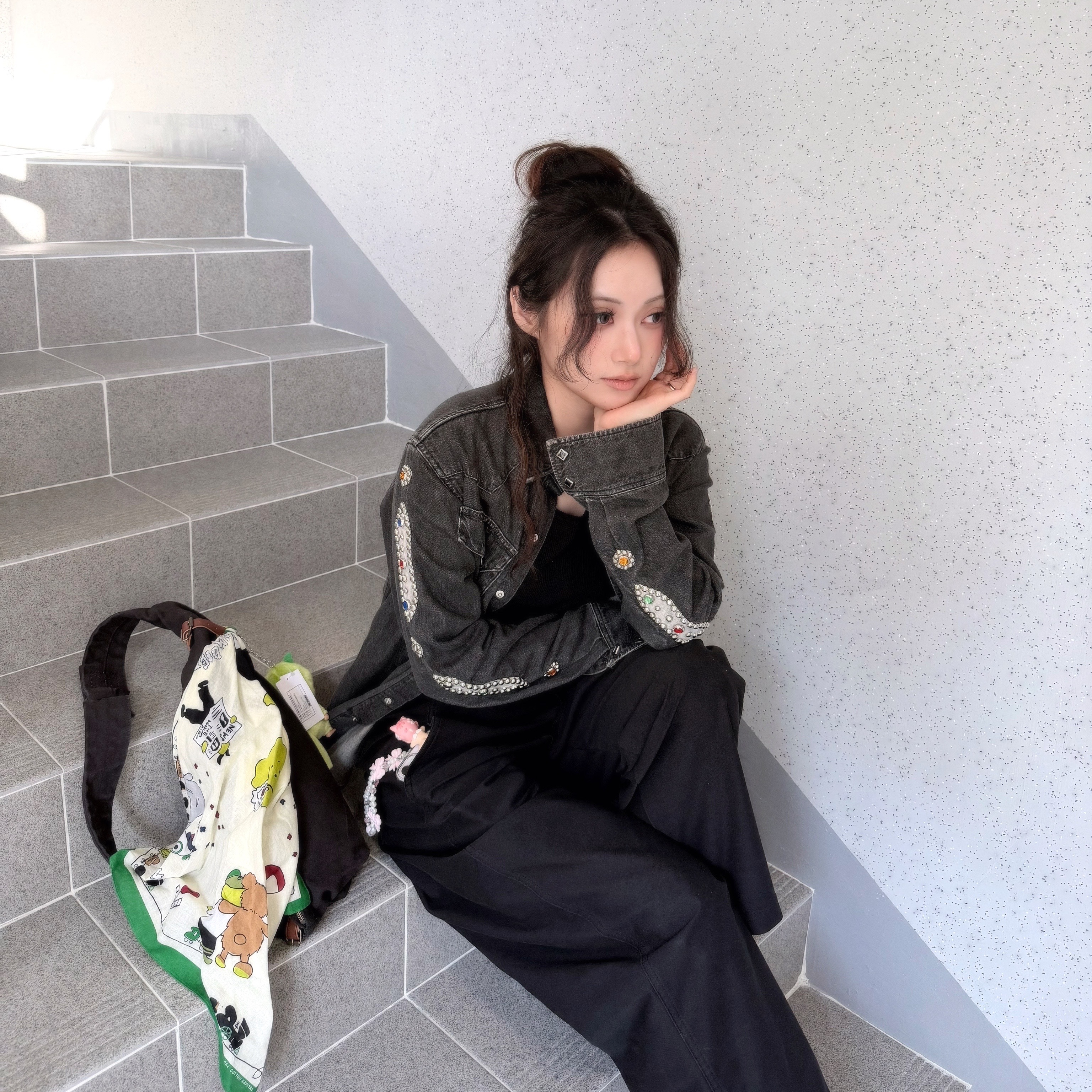 Kapital 8 oz. Denim Western Gemstone Long Sleeve Shirt Black, Kapital No. 6 Canvas More Little Snufkin Bag Black 착용 스타일