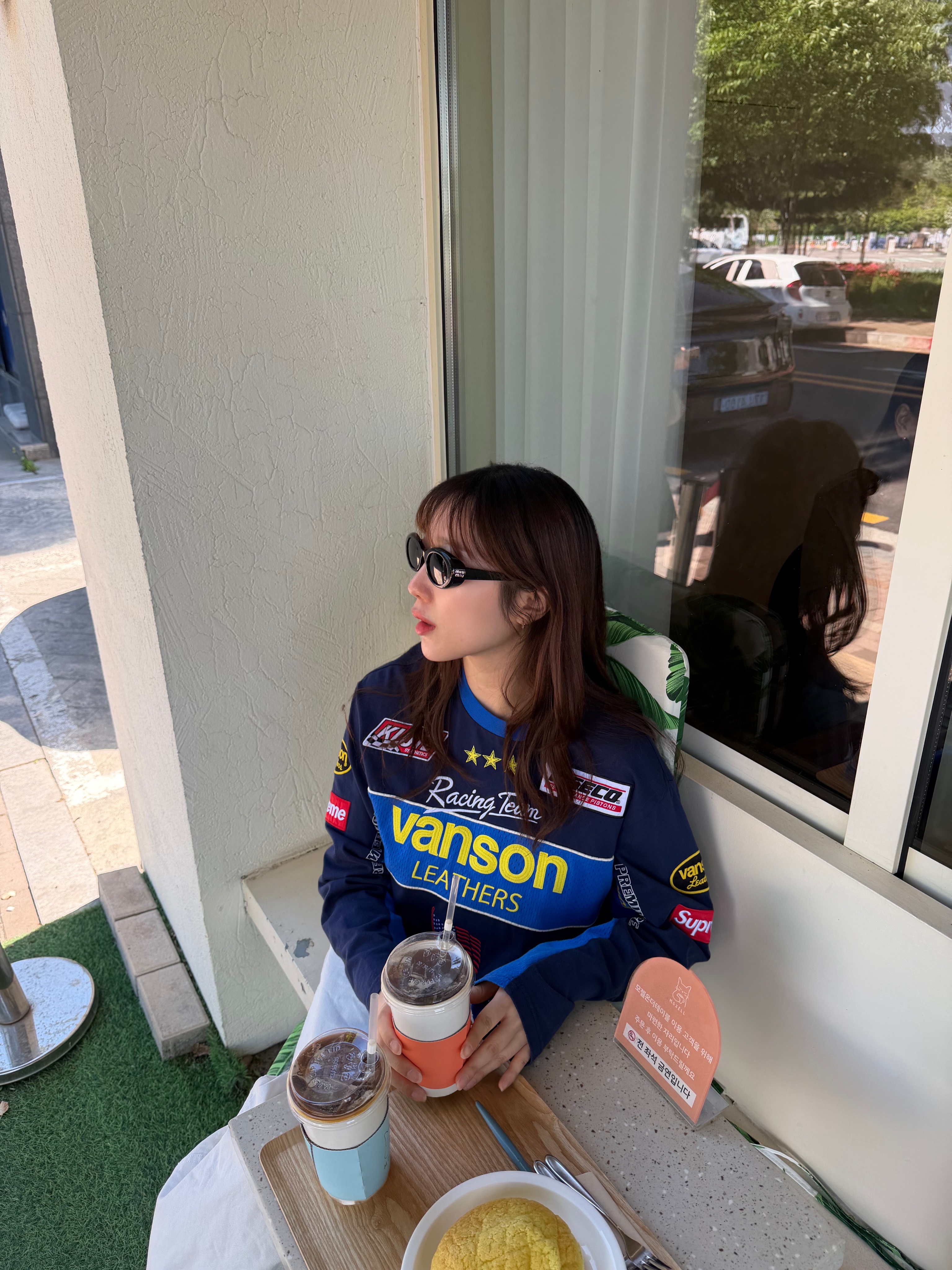 (W) Miu Miu Reverie Sunglasses Slate Grey Lenses Alternative fit, Supreme x Vanson Leathers L/S Top Navy - 26SS 착용 스타일