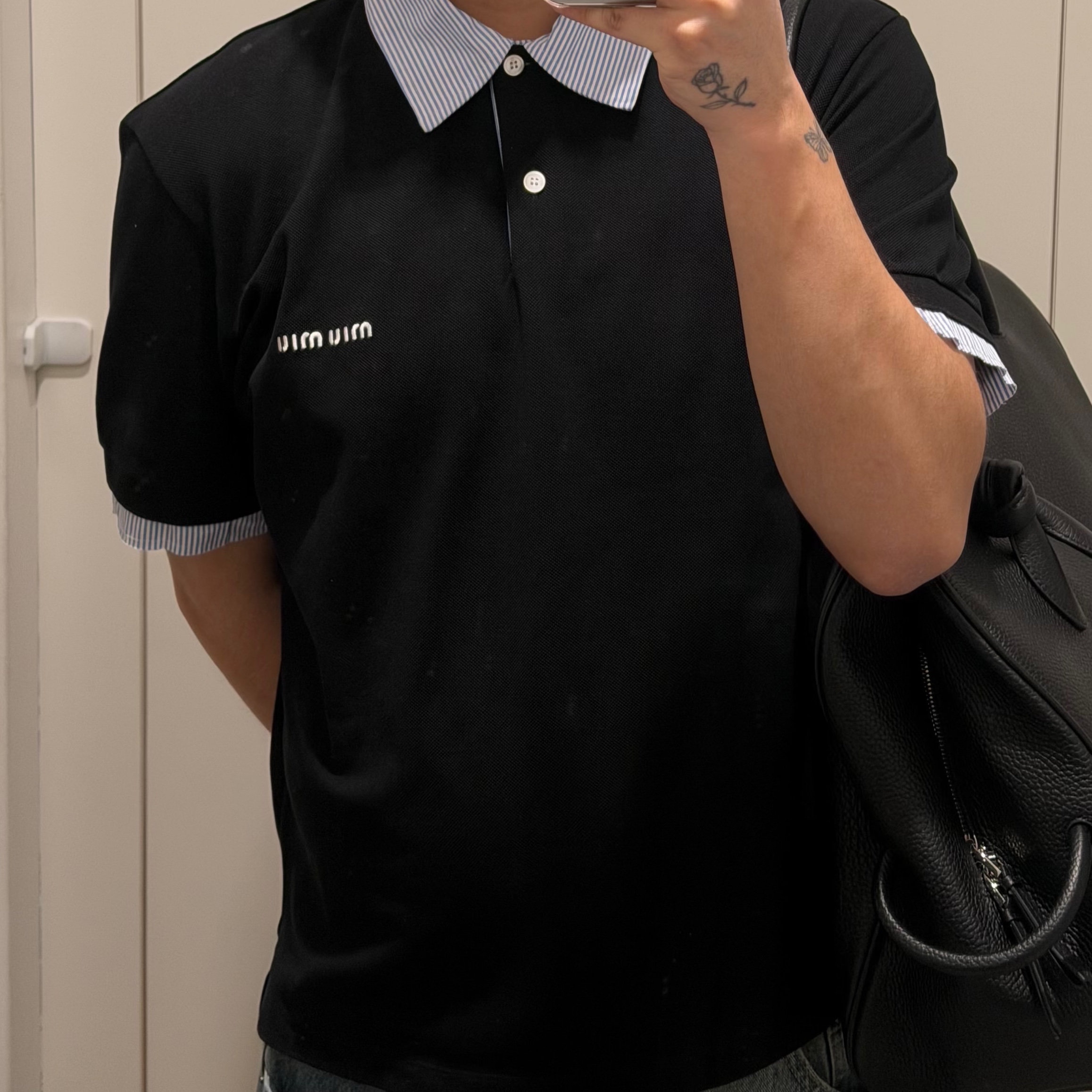 (W) Miu Miu Cotton Pique Polo Shirt Black, (W) Miu Miu Faded Unlined Suede Loafers Cinnamon 착용 스타일 - 1
